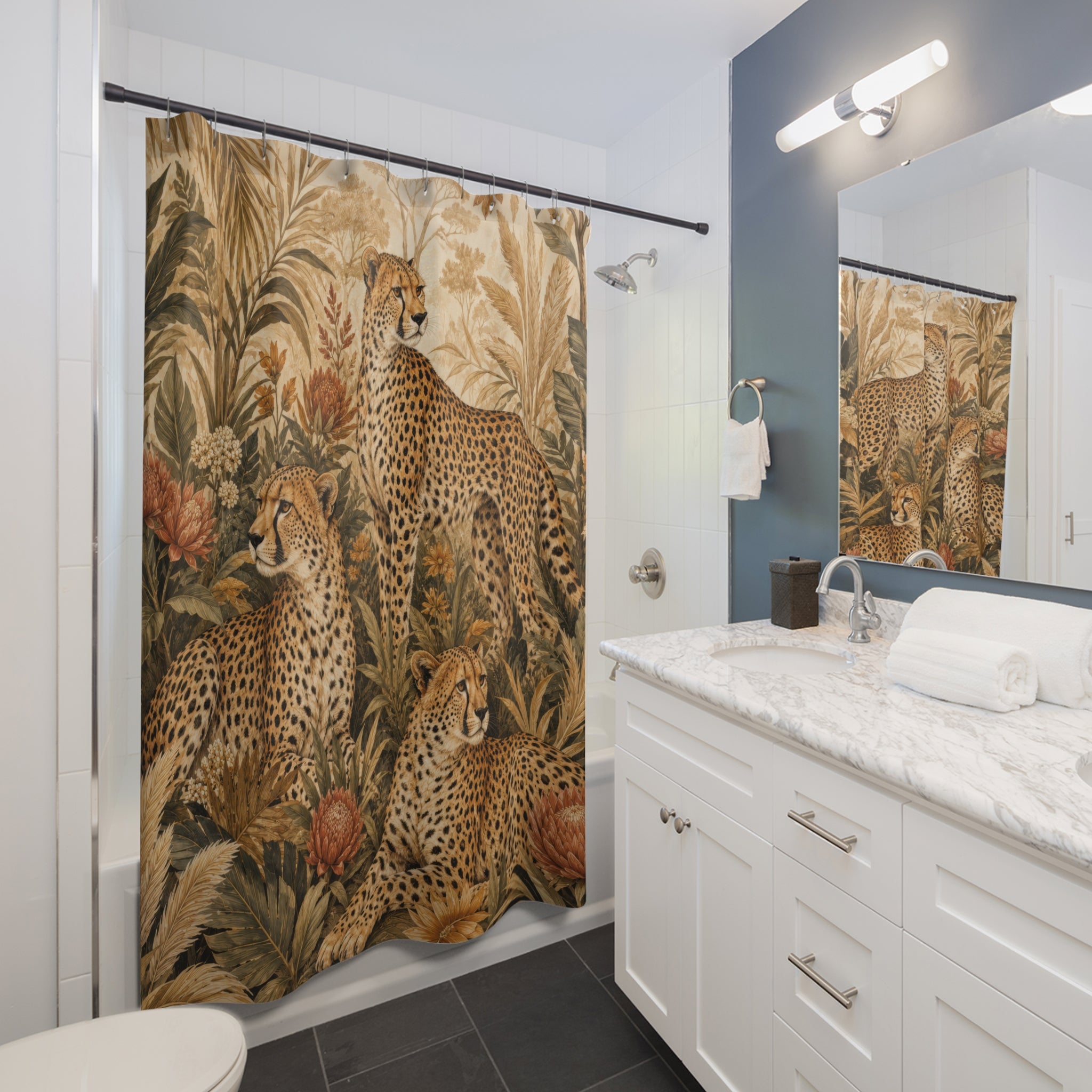 Cheetah Shower Curtain: Safari Botanical Beige Green