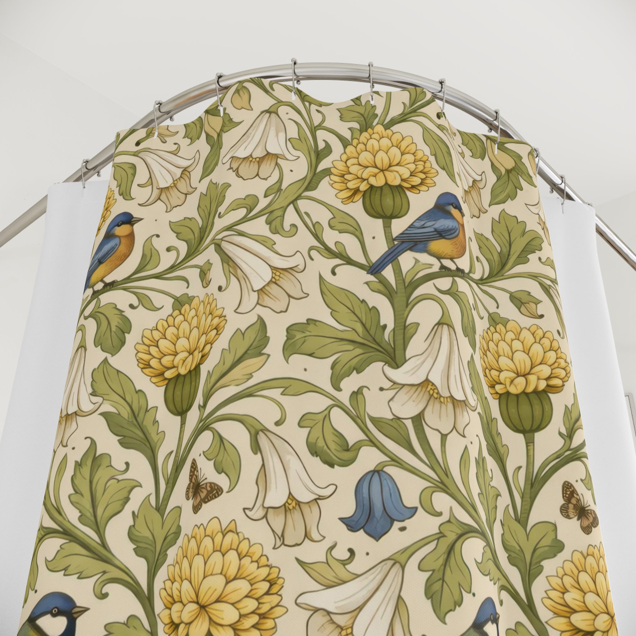 William Morris Floral Shower Curtain – Green Gold Bird