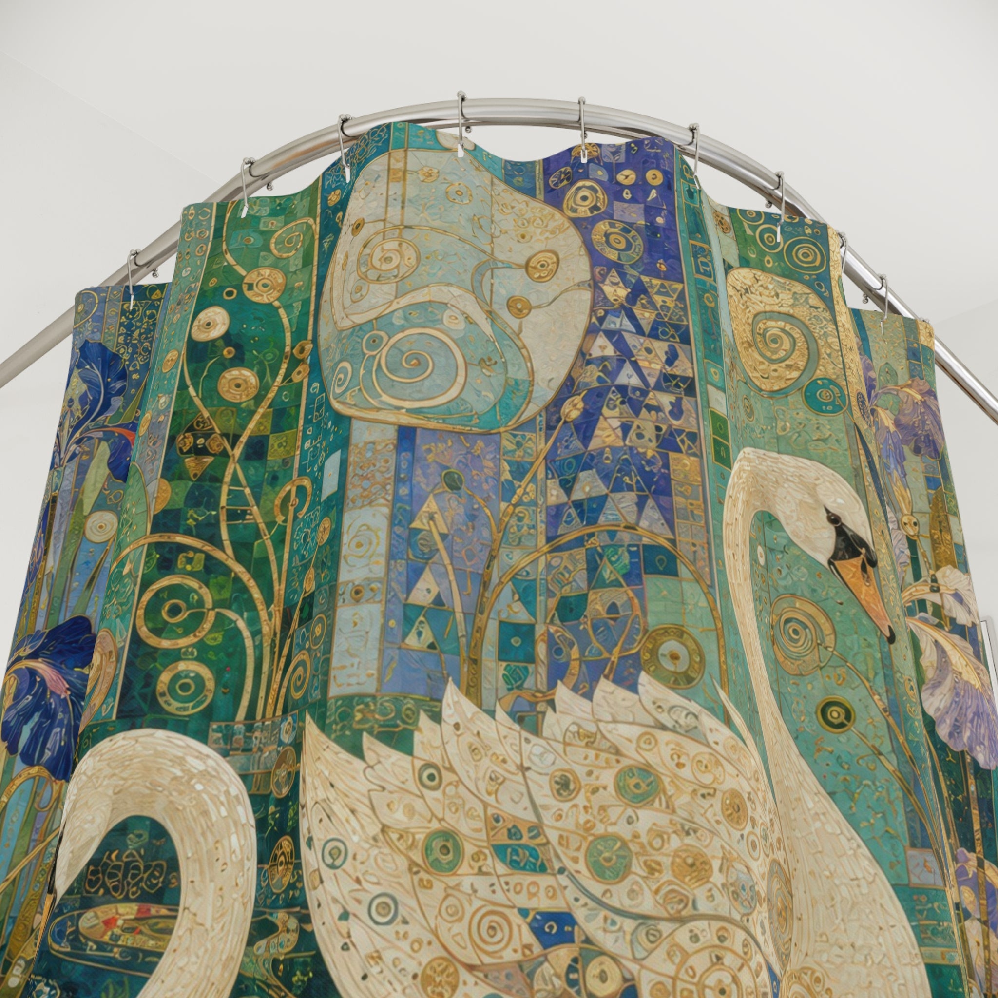 Klimt Inspired Swan Shower Curtain: Nouveau Teal Blue Pond