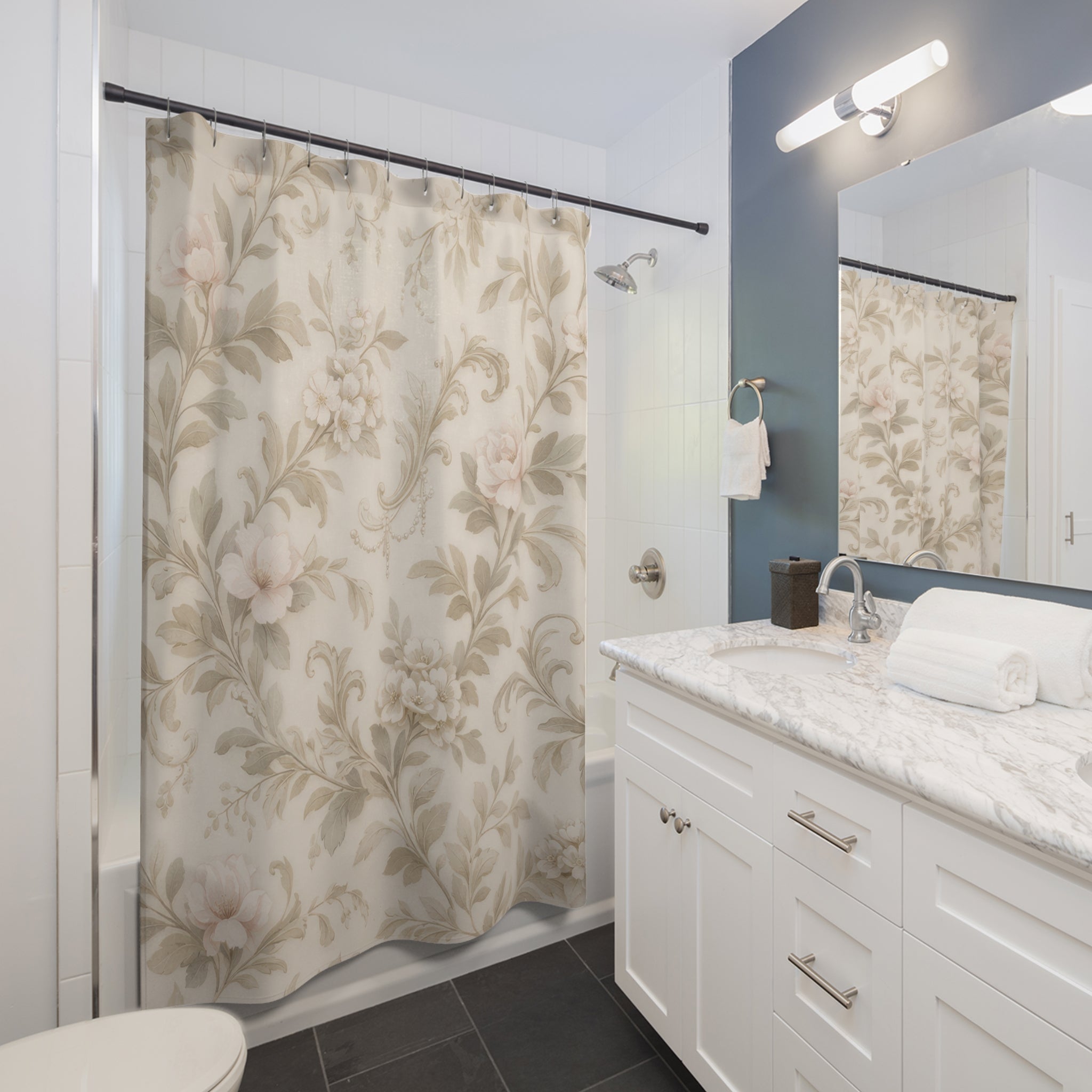 Elegant Floral Scroll Shower Curtain – Blush Sage