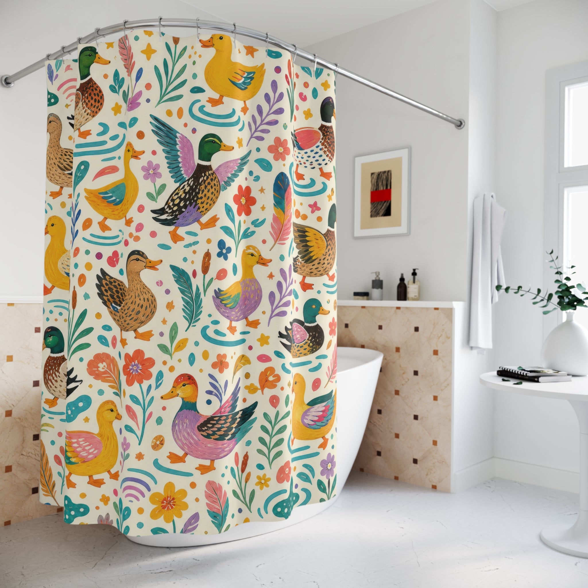 Colorful Folk Duck Confetti Shower Curtain