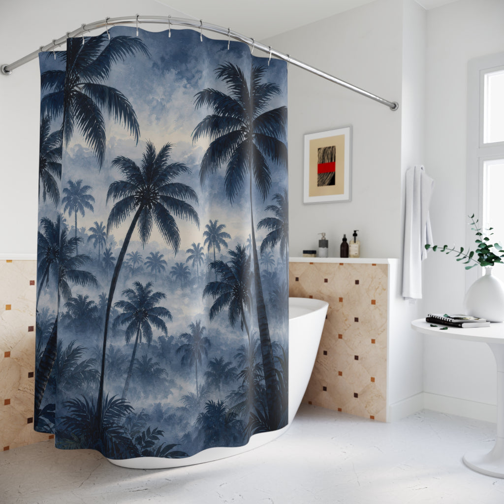 Navy palm grove fading into silvery blue mist shower curtain beside a freestanding tub