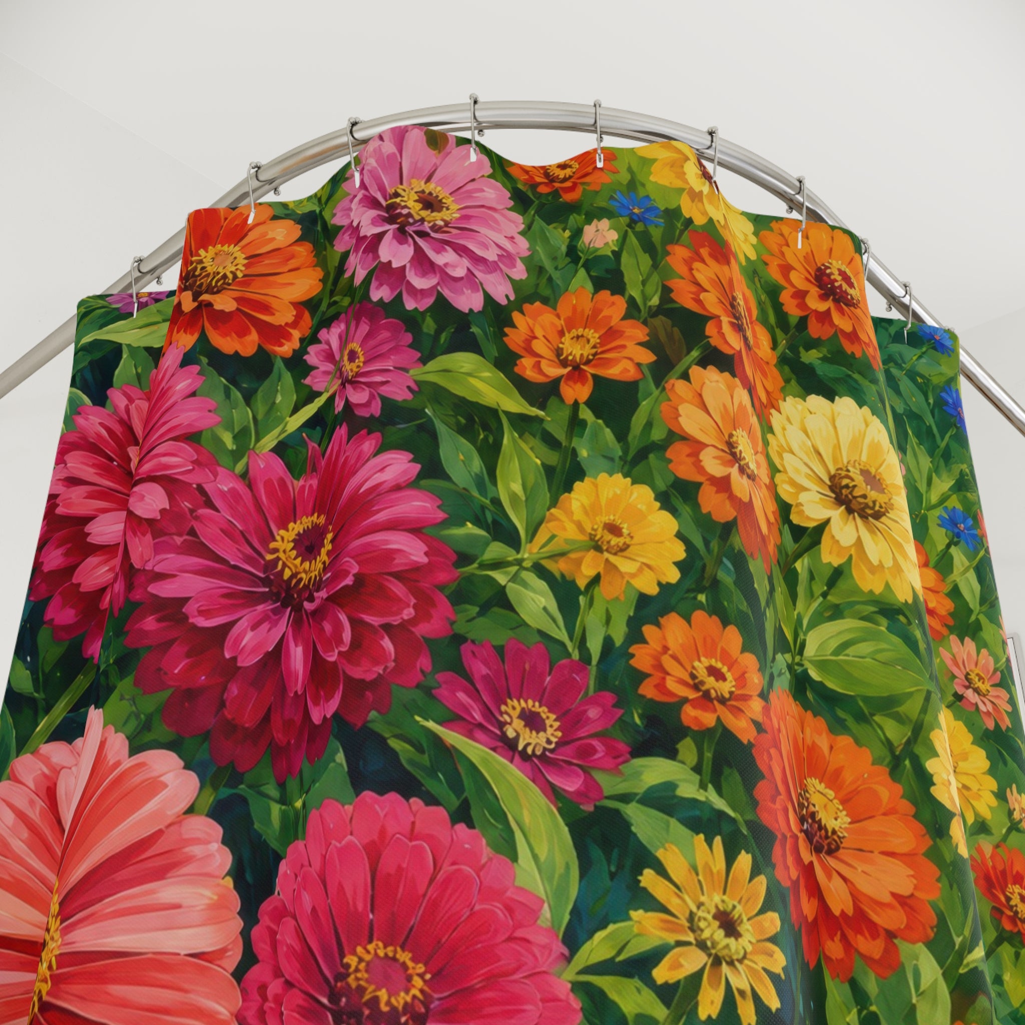 Colorful summer zinnia garden shower curtain with close-up print, hooks, and folds