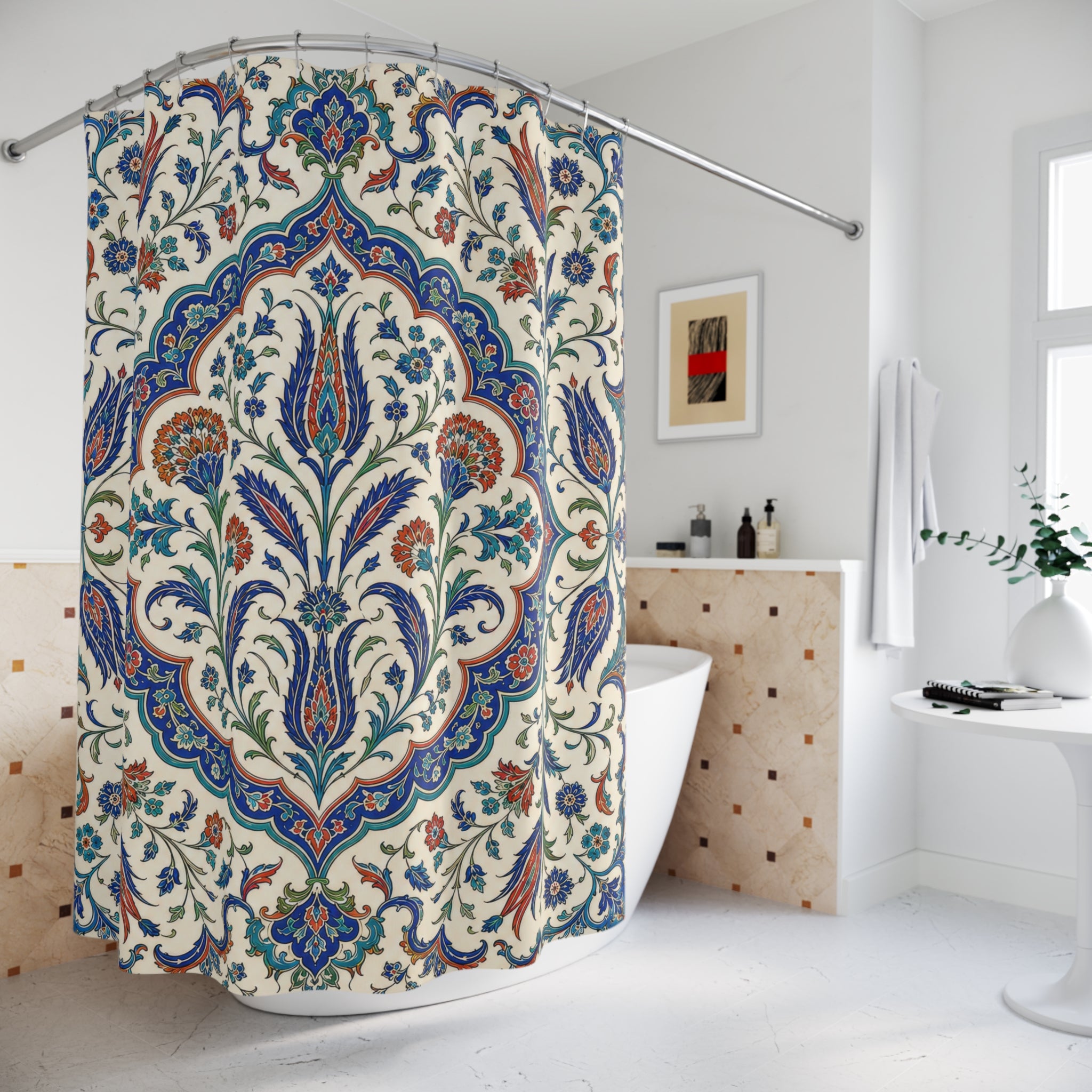 Turkish Shower Curtain: Blue Beige Iznik Tile Floral