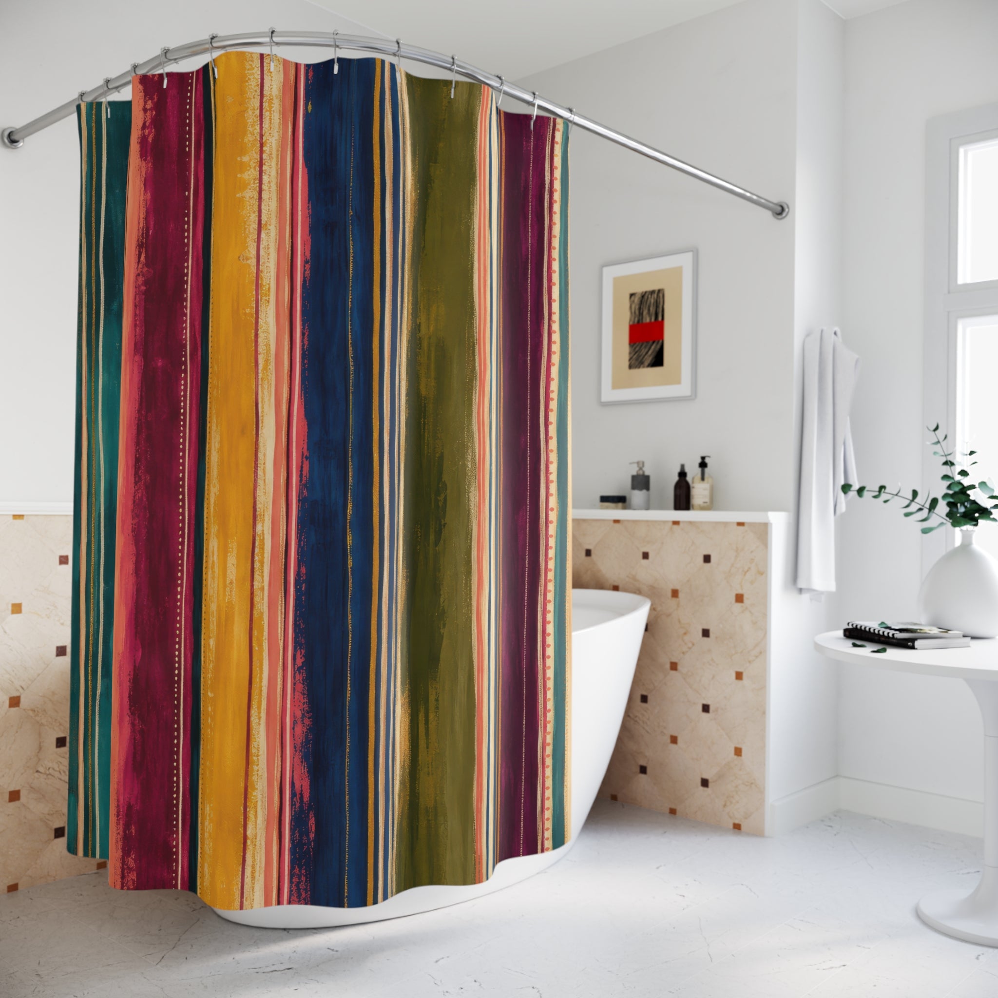Dark Teal Rainbow Stripe Shower Curtain