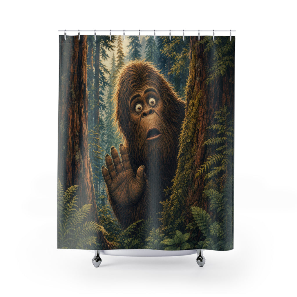 Unique Funny Bigfoot Shower Curtain, Forest Cryptid Creature Art, Redwood Bathroom Humor, Cabin Powder Room Guest Bath Decor Gift For Home