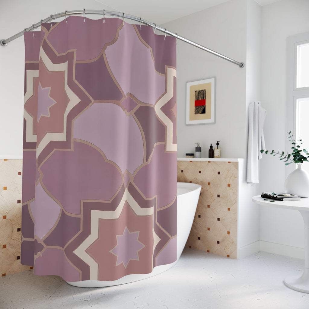 Mauve eight-point star mosaic with plum rosettes shower curtain beside a freestanding tub