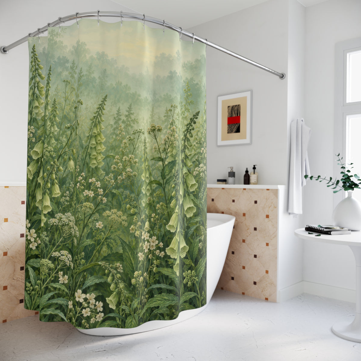 Green foxglove bells and ivory flowers in a misty meadow shower curtain beside a freestanding tub