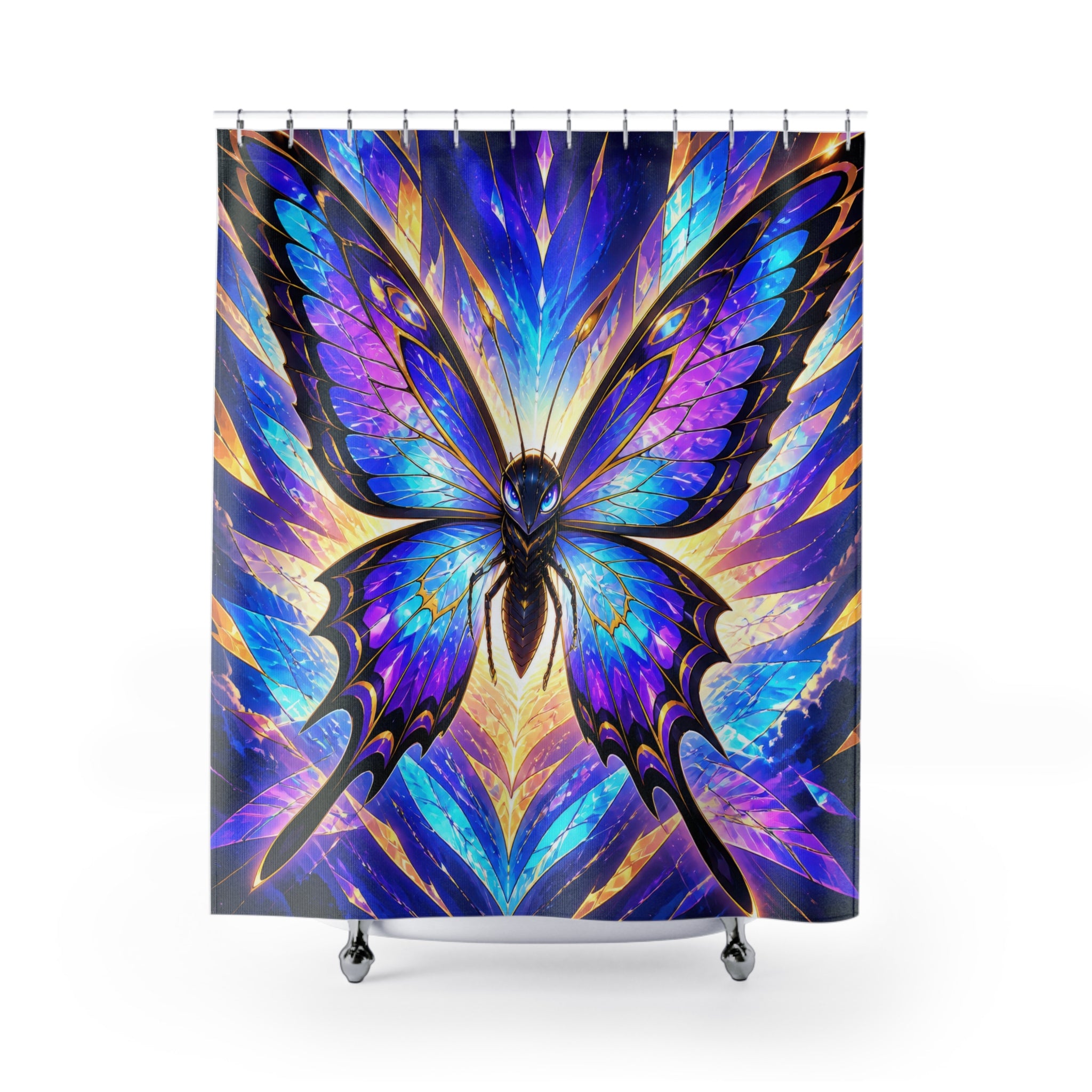 Prismatic butterfly spirit rising through a radiant wingburst shower curtain with full front view