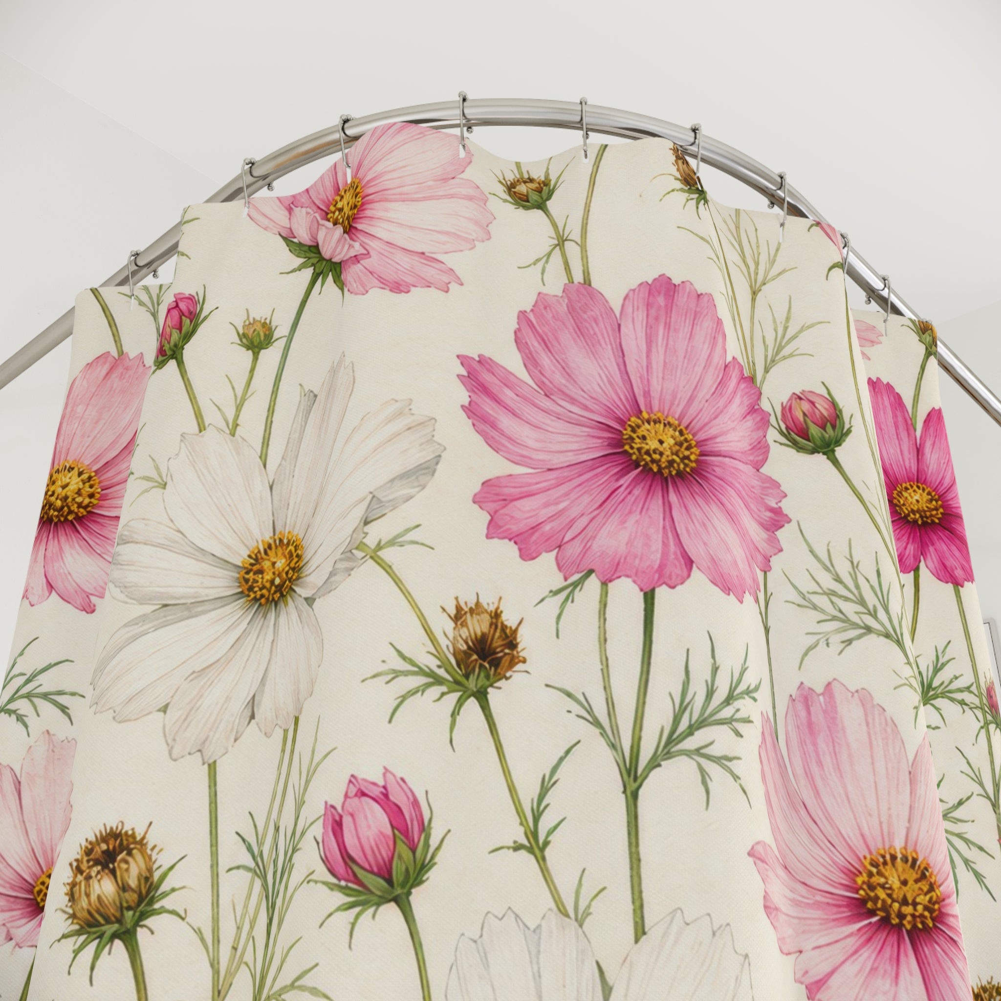 Fresh Pink White Cottage Wildflower Shower Curtain