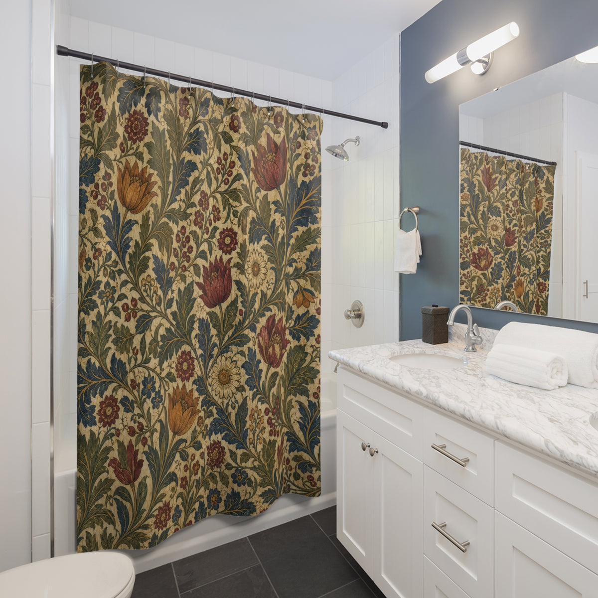 Arts and Crafts Botanical dark shower curtain beside a white vanity