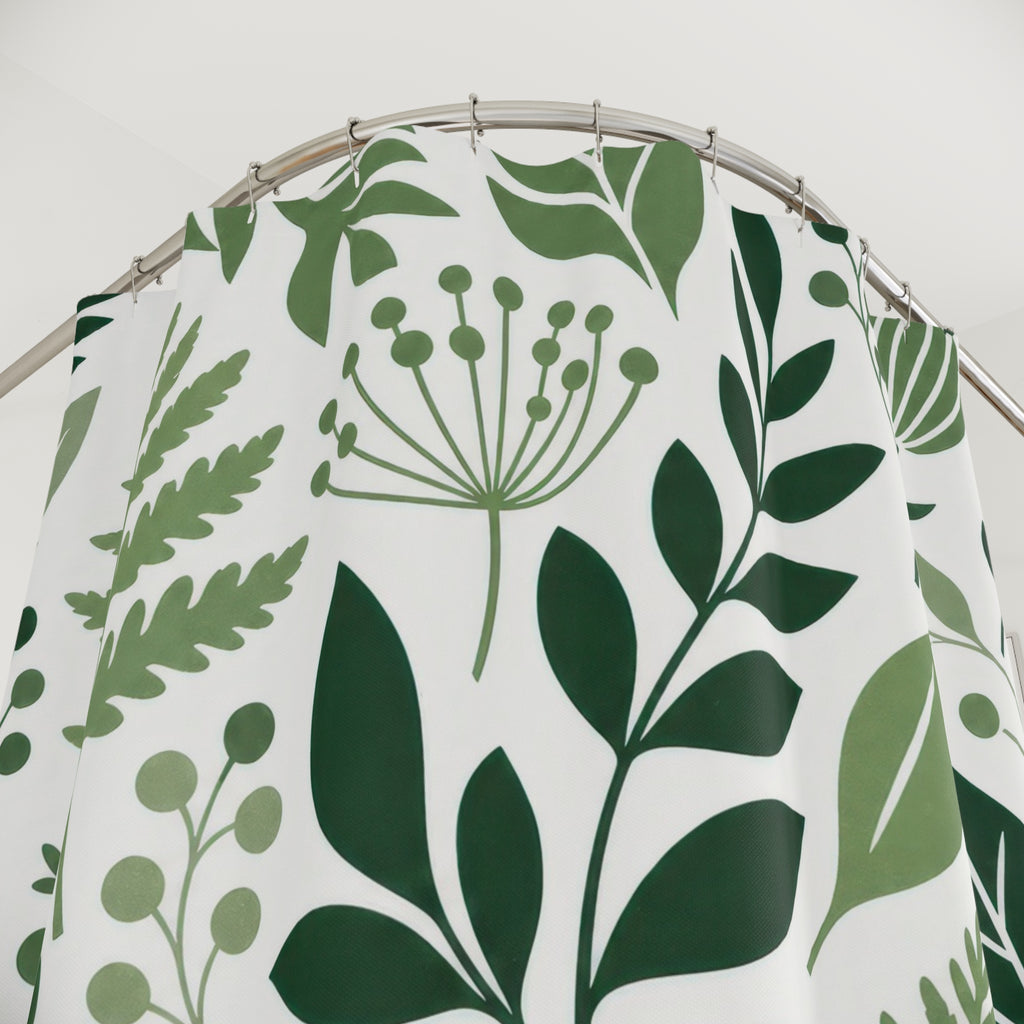 Green White Modern Leaf Shower Curtain