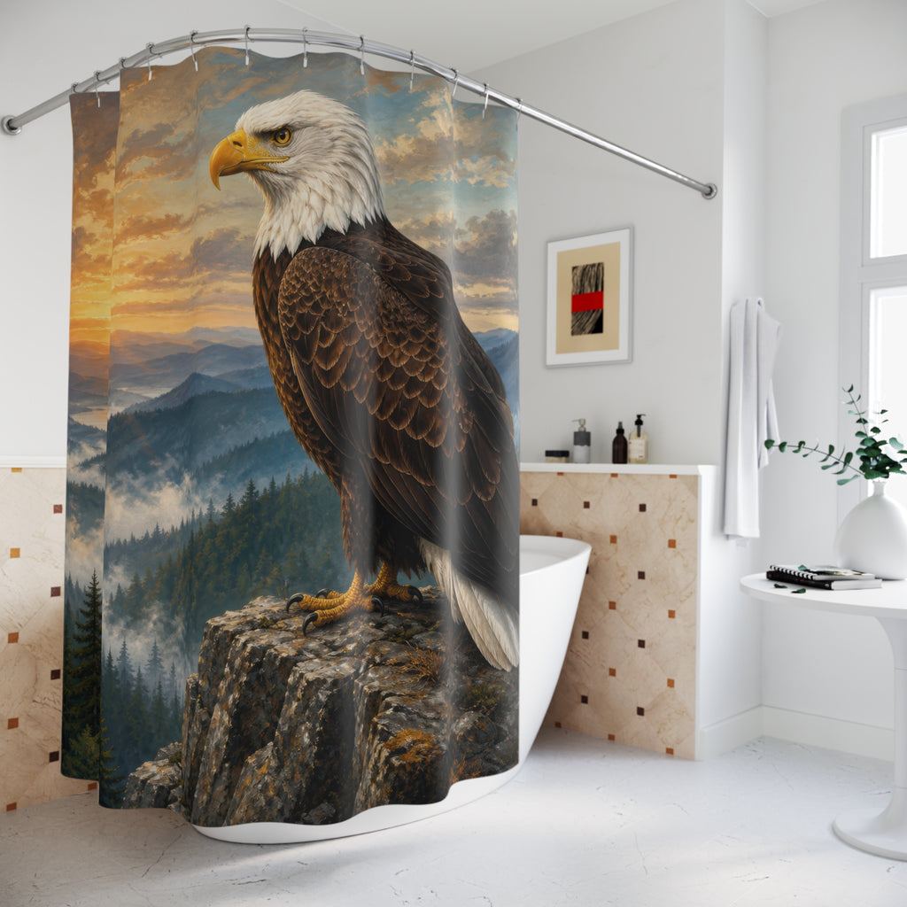 Bald eagle standing on a mountain cliff at sunrise shower curtain beside a freestanding tub