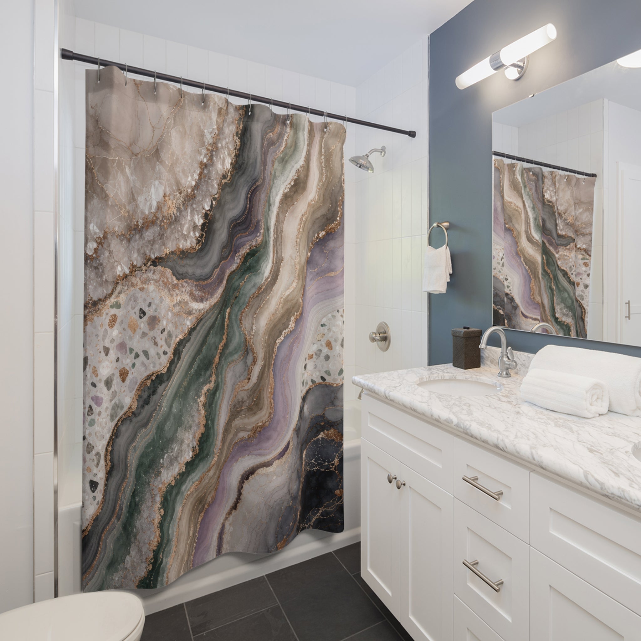 Agate Marble Shower Curtain, Grey Green Modern Bathroom Decor, Mineral Stone Bath Curtain, Abstract Guest Bathroom Decor, Spa Decor