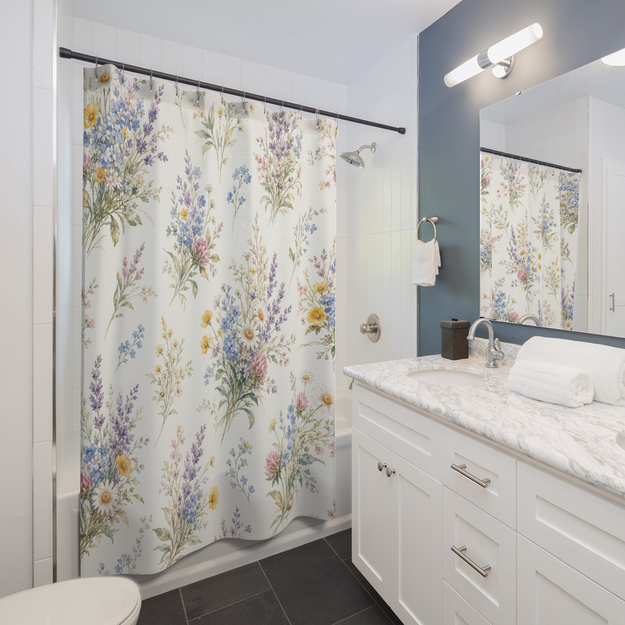 Blue Pink Wildflower Spray Shower Curtain