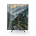 Japanese minka farmhouse above rice terraces in misty mountains shower curtain with full front view