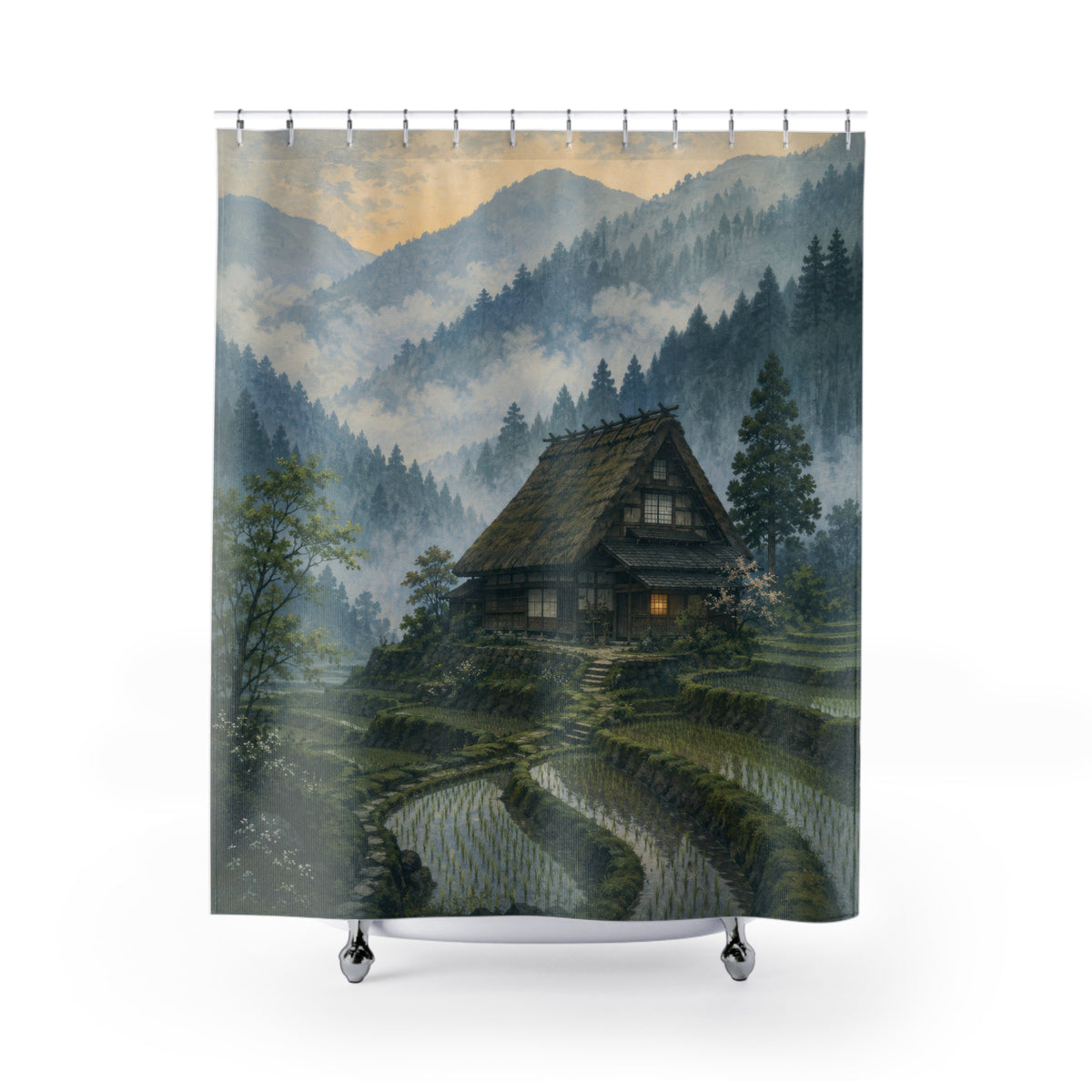 Japanese minka farmhouse above rice terraces in misty mountains shower curtain with full front view