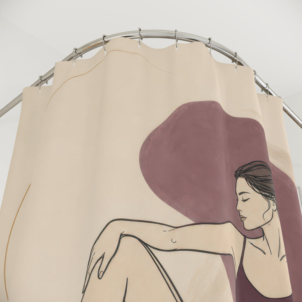 Figure Art Shower Curtain, Reclining Woman Abstract Pattern, Pink Taupe Bathroom Decor, Modern Guest Bath Line Art Style