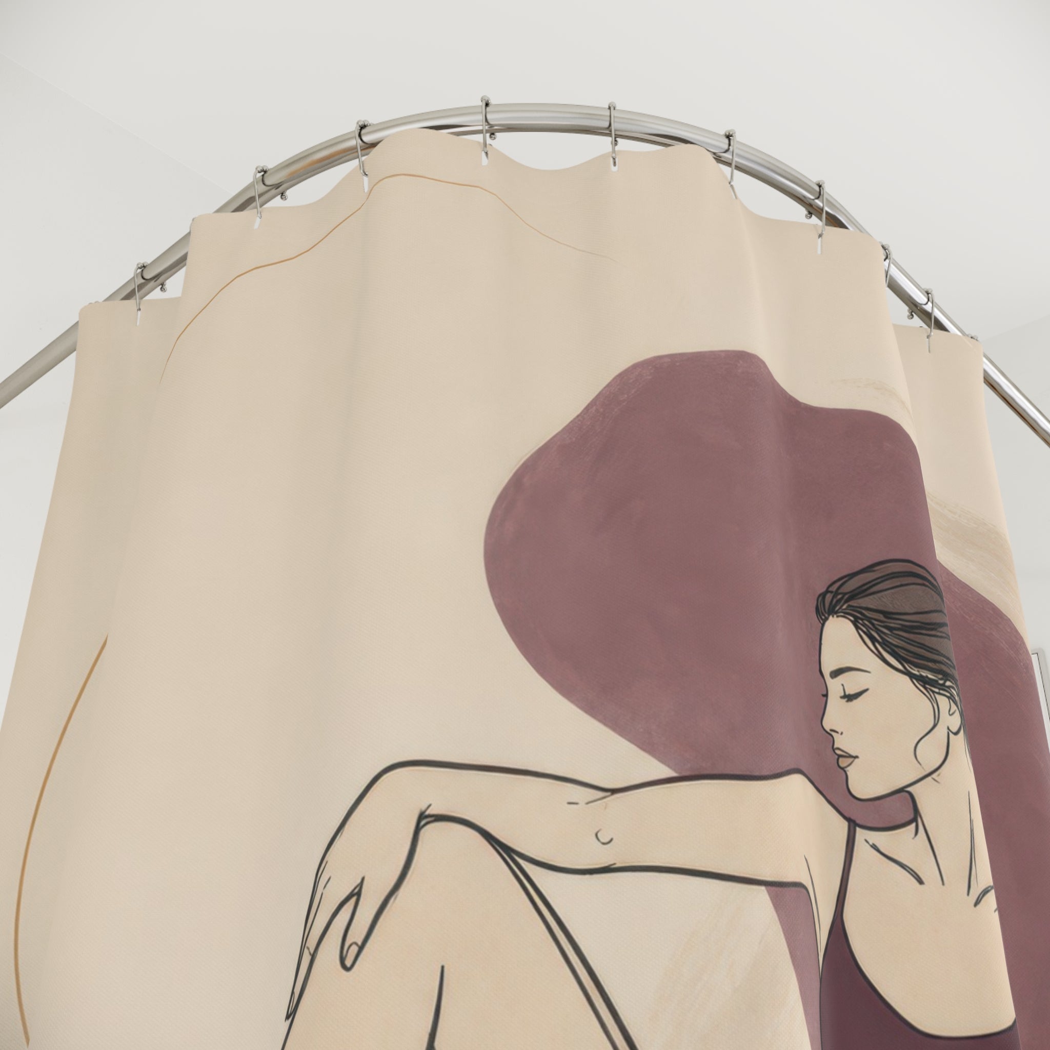 Figure Art Shower Curtain, Reclining Woman Abstract Pattern, Pink Taupe Bathroom Decor, Modern Guest Bath Line Art Style