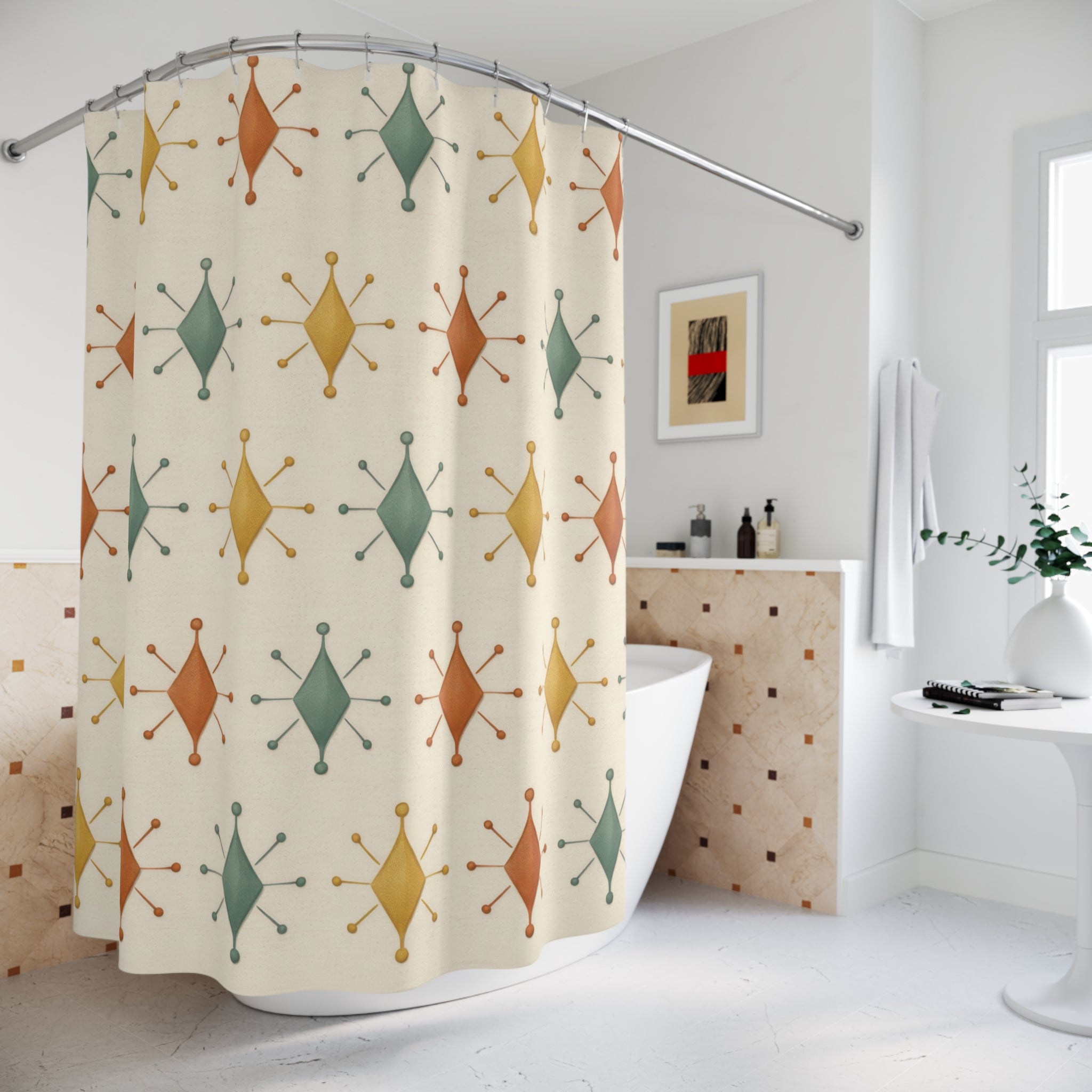 Boho Retro Geometric Shower Curtain – Teal Mustard