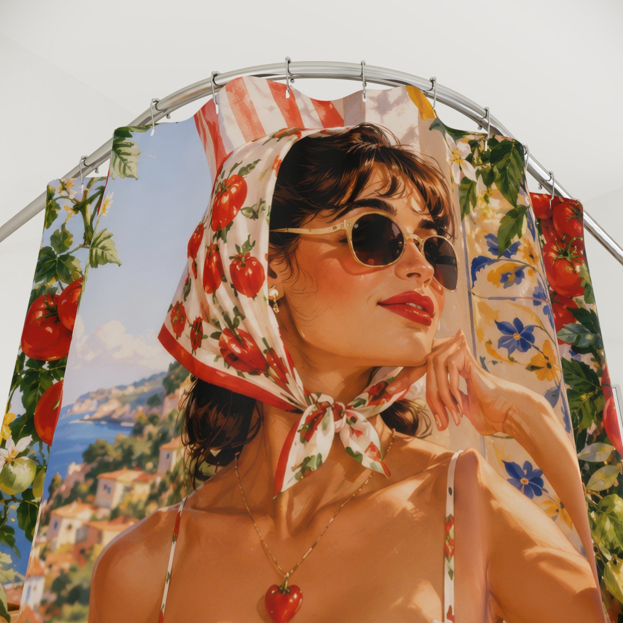 Tomato Girl Shower Curtain: Red White Mediterranean