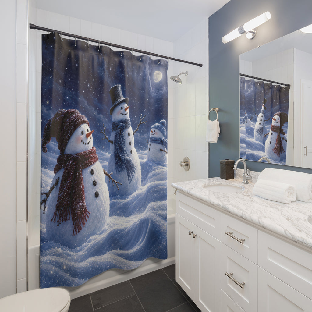 Three white snowmen in blue moonlit drifts, red and blue scarves shower curtain beside a white vanity