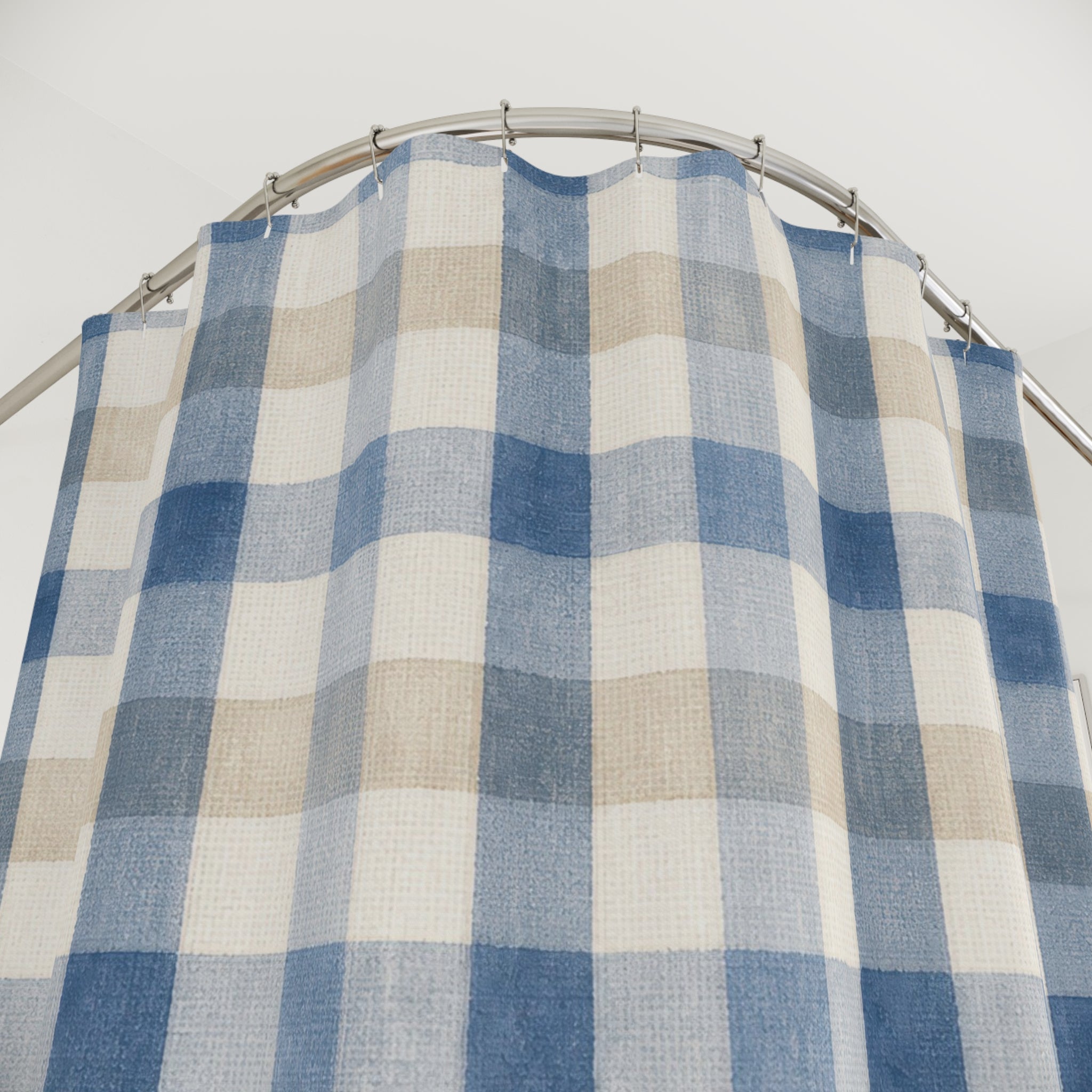 Blue White Farmhouse Check Shower Curtain