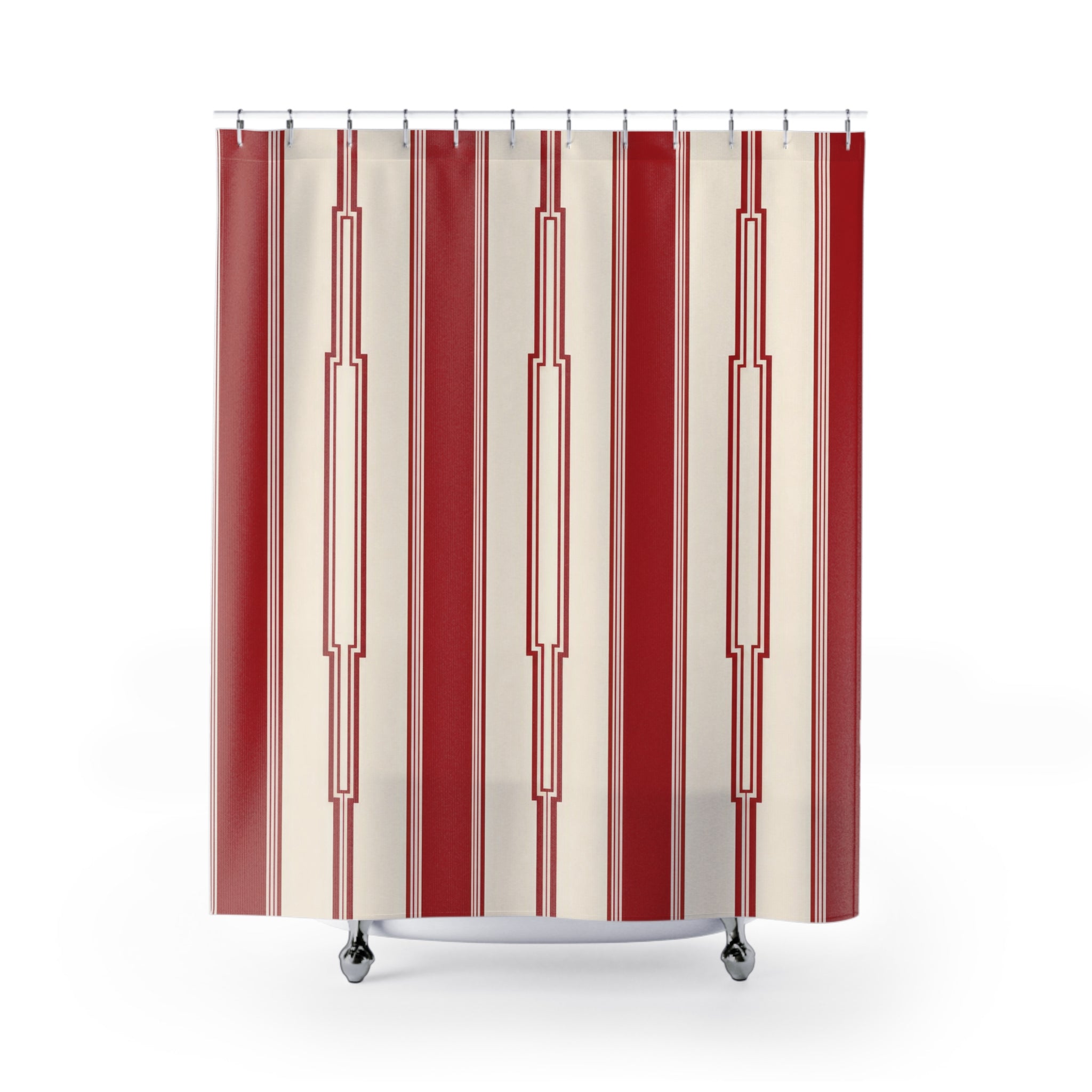 Red and White Art Deco Stripe Shower Curtain: Modern Vertical