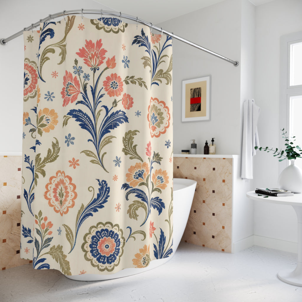 Indigo Coral Block Print Floral Shower Curtain