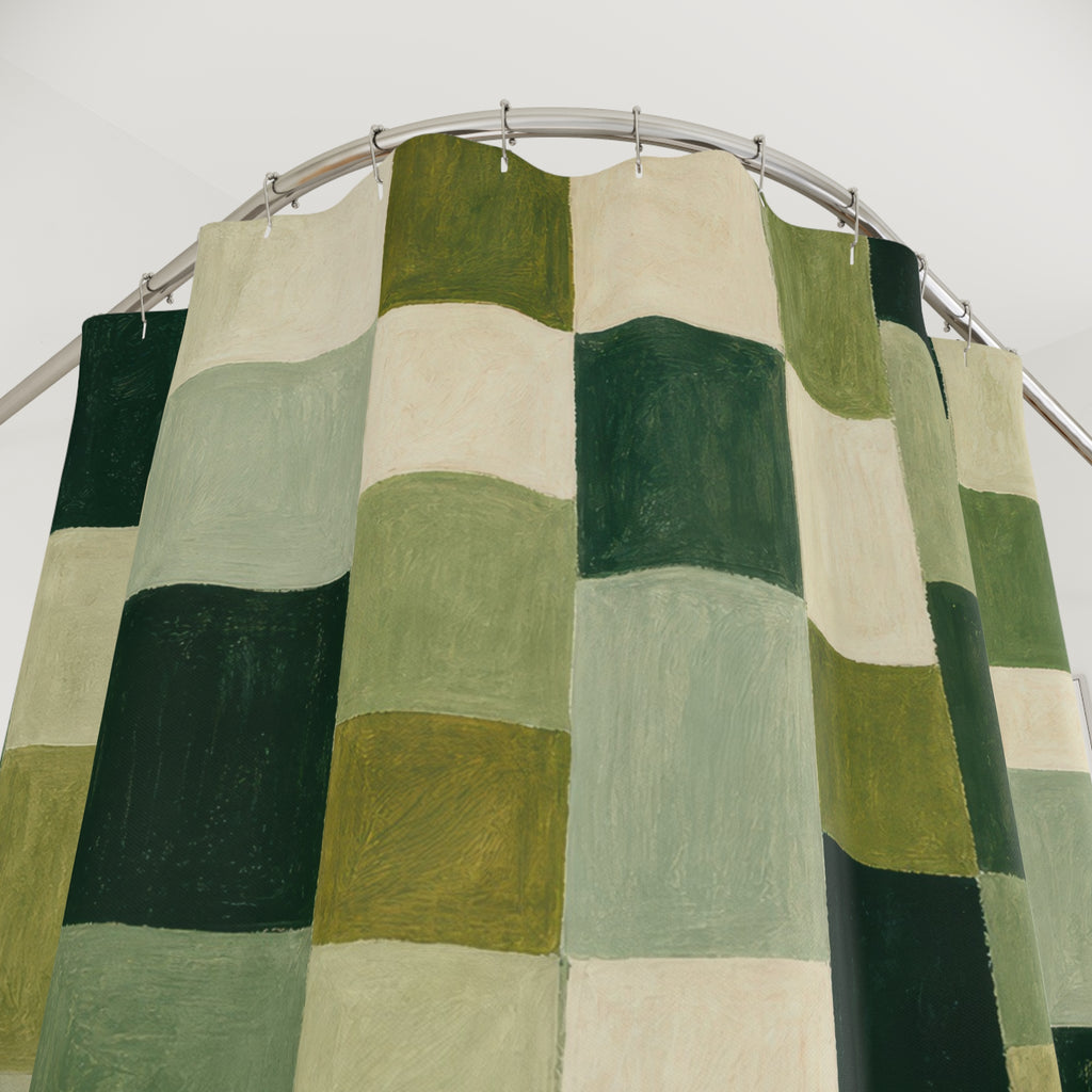 Olive Cream Patchwork Check Shower Curtain