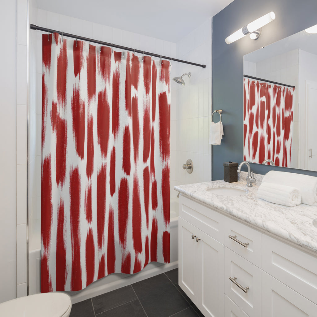 Red Ikat Shower Curtain, Blurred Stripe Pattern, Red White Bath Decor, Global Geometric Guest Bathroom Accent, Modern Relaxed Style