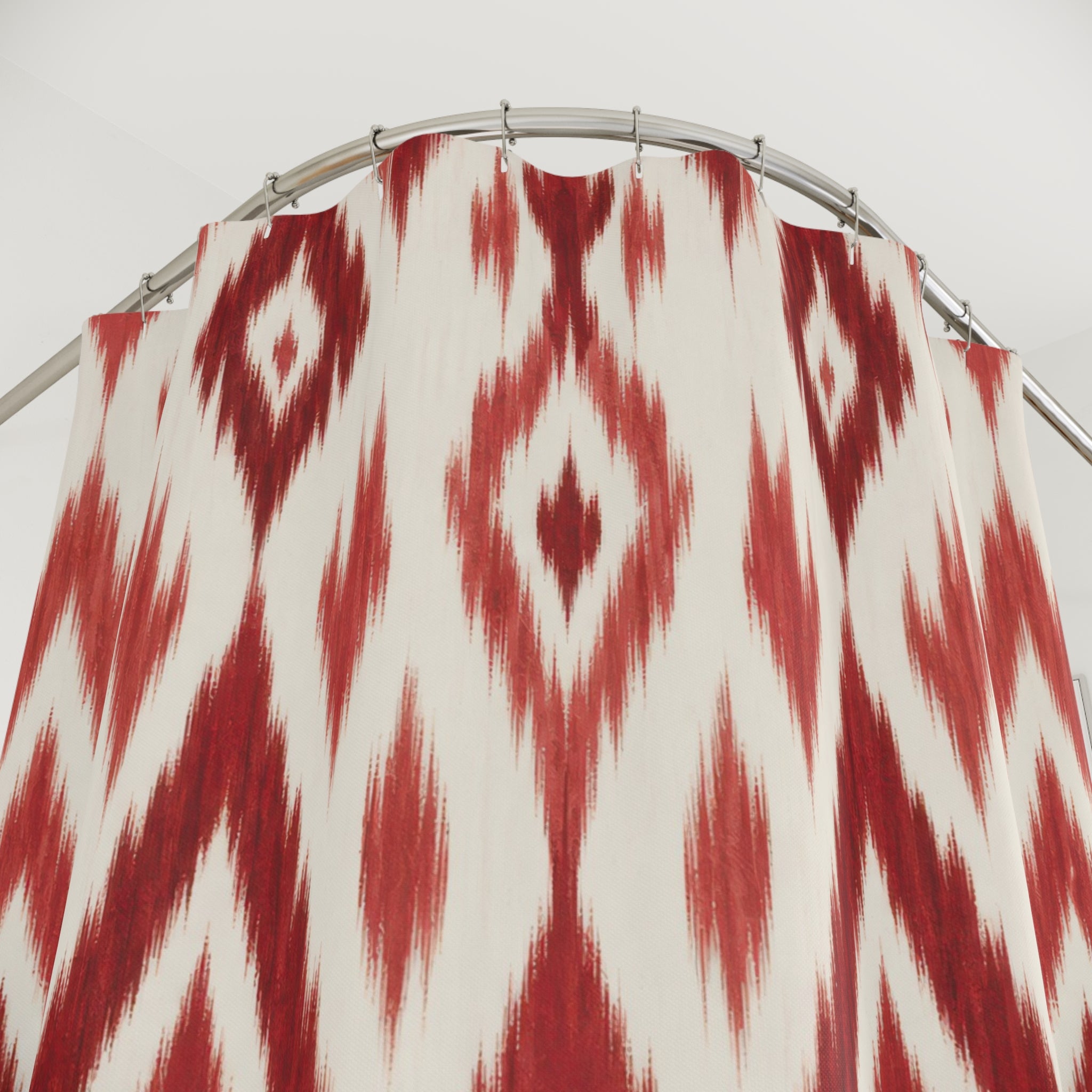 Ikat Shower Curtain, Red and White Diamond Geometric Pattern, Boho Textile Style Bath Decor, Modern Guest Bathroom Accent, Global Red Style