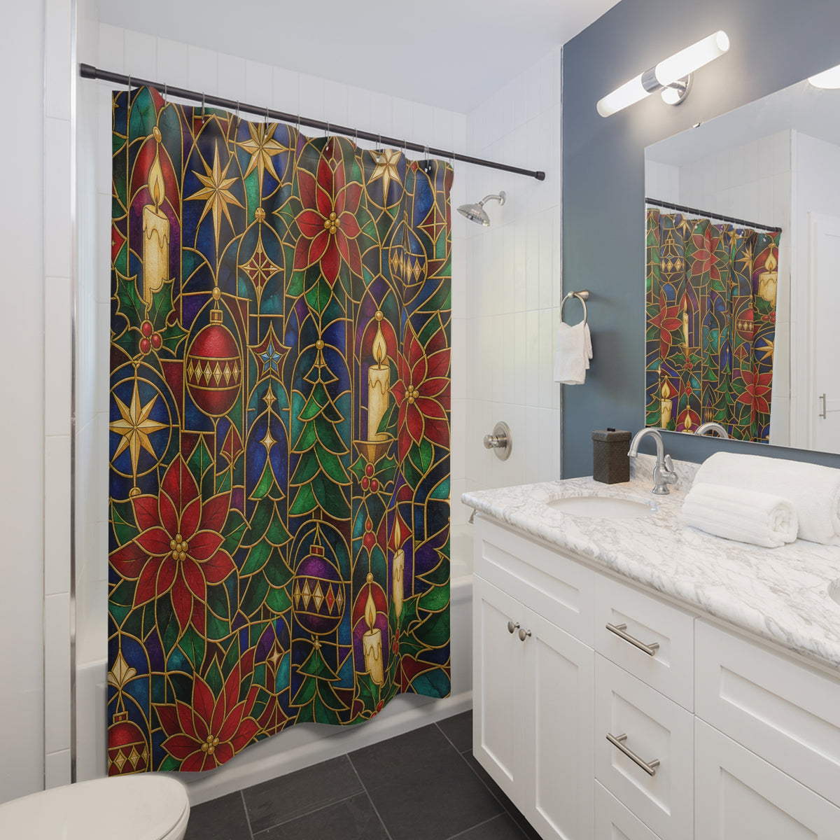 Stained Glass Ornament christmas pattern shower curtain beside a white vanity