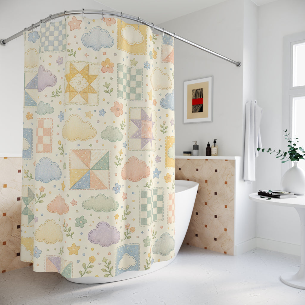 Cloud Shower Curtain, Cute Pastel Bath Decor, Patchwork Gingham Sky Pattern, Soft Geometric Guest Bathroom Decor, Soft Pastel Style