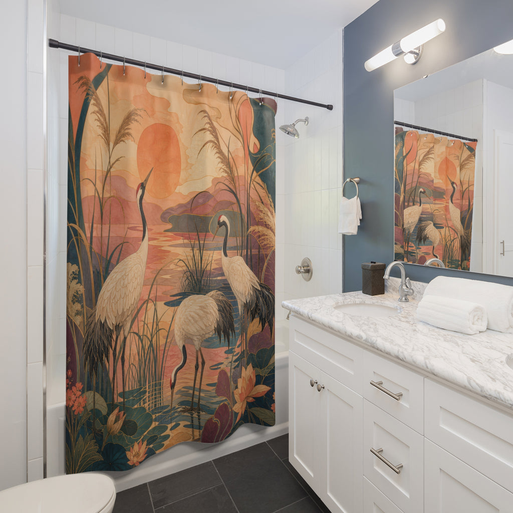 Unique Crane Shower Curtain, Sunset Marsh Bird Art, Peach Orange Wetland Decor, Serene Nature Guest Bath Accent, Warm Landscape Style