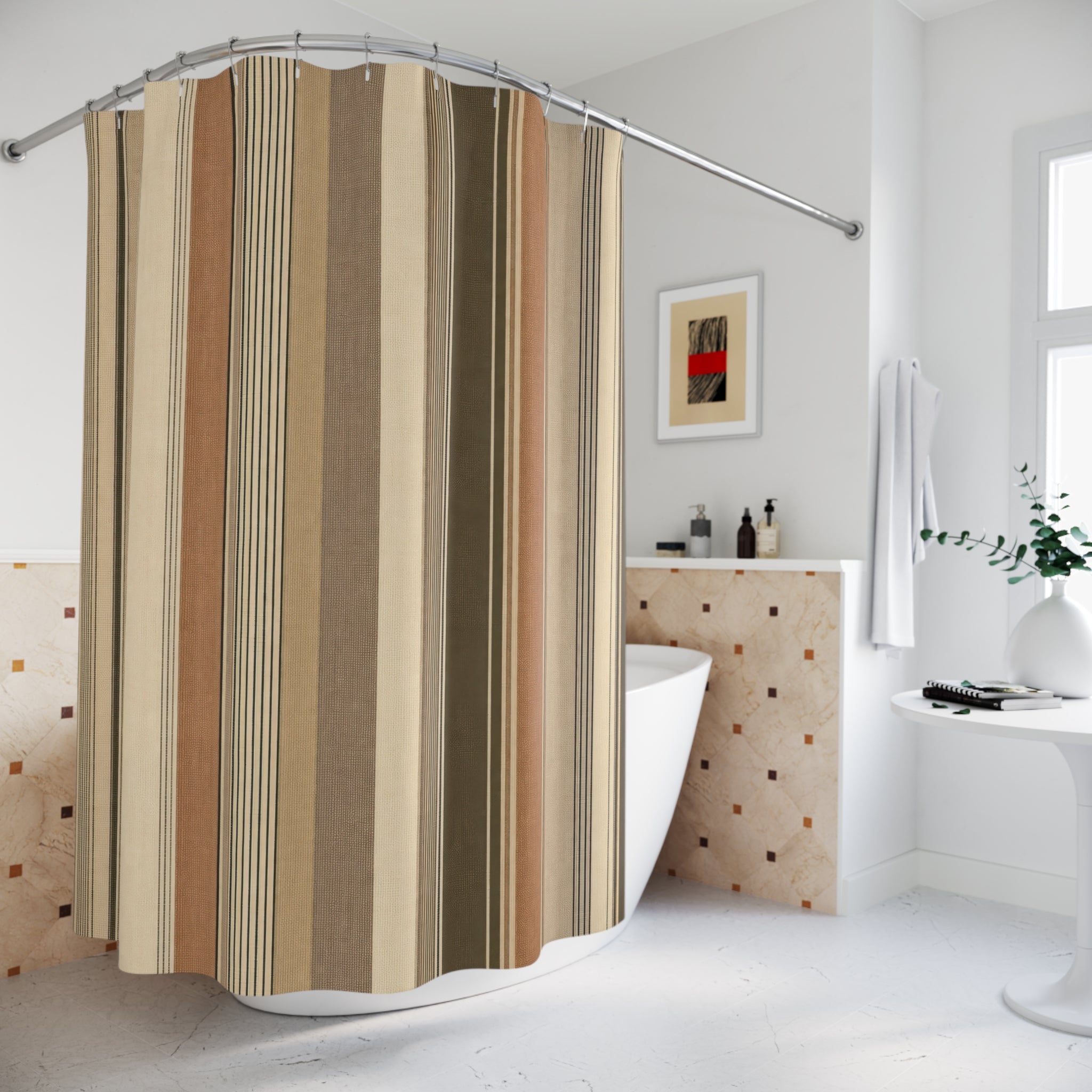 Tan Camel Brown Vertical Stripe Shower Curtain