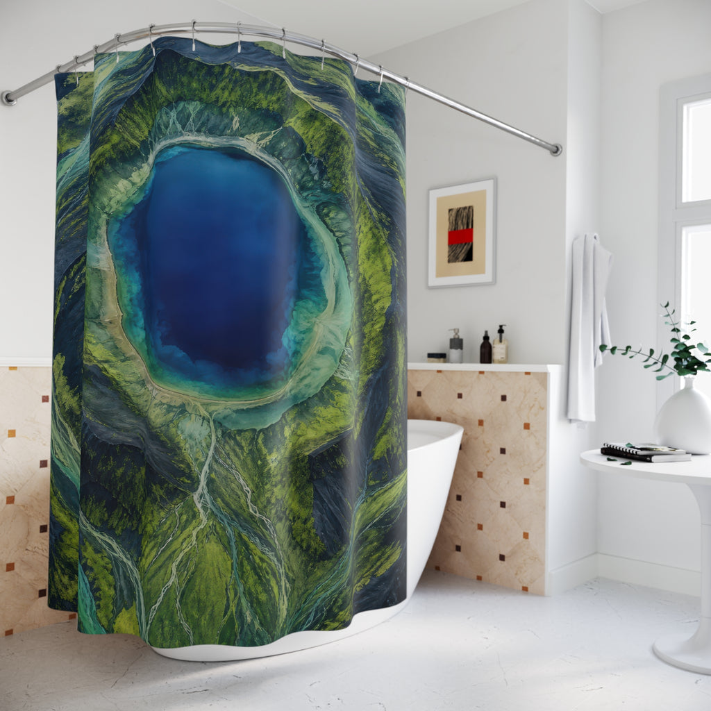 Blue and Green Aerial Crater Lake Shower Curtain