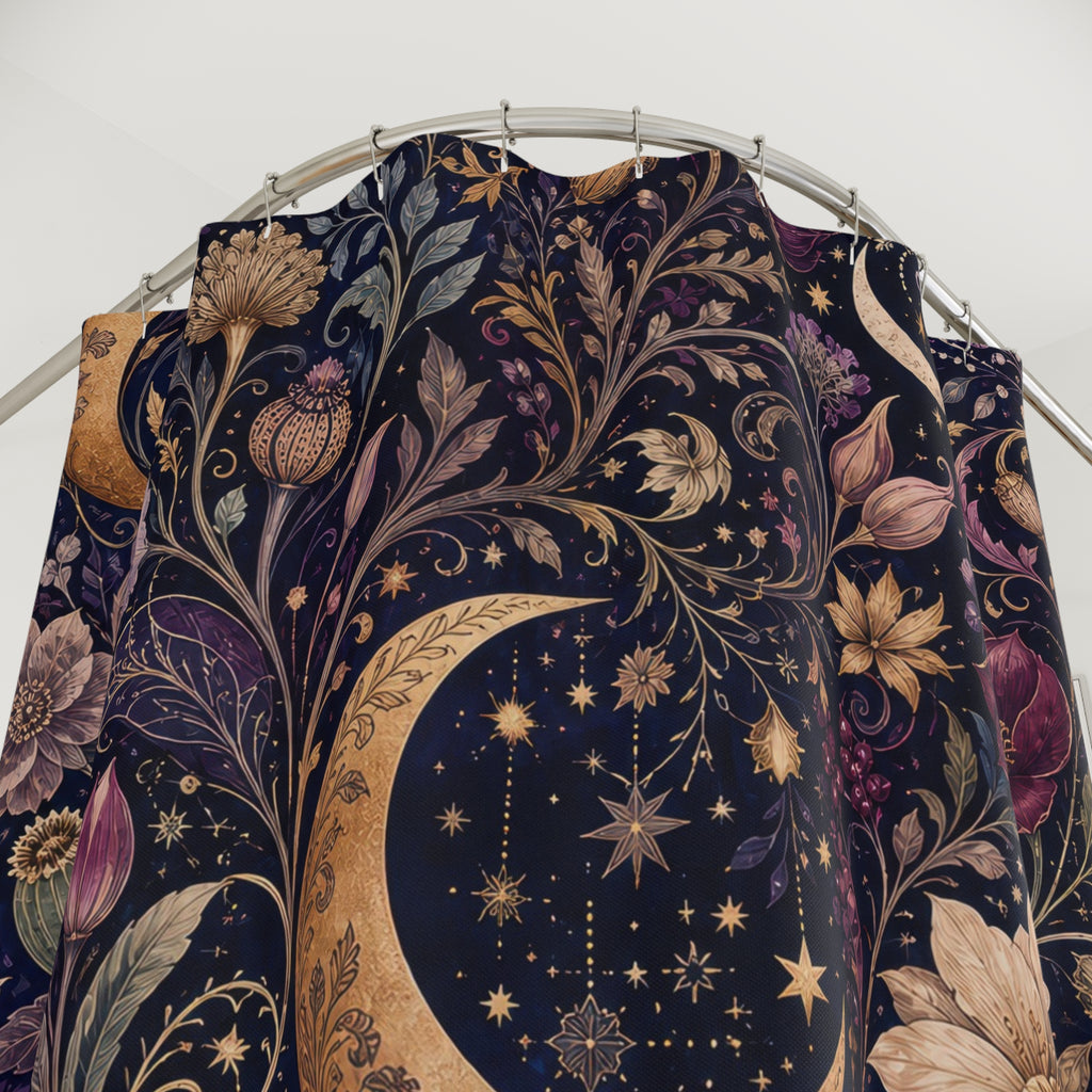 Unique Celestial Shower Curtain, Moon Floral Botanical Pattern, Purple Navy Star Decor, Moody Magical Guest Bath, Dark Floral Decor
