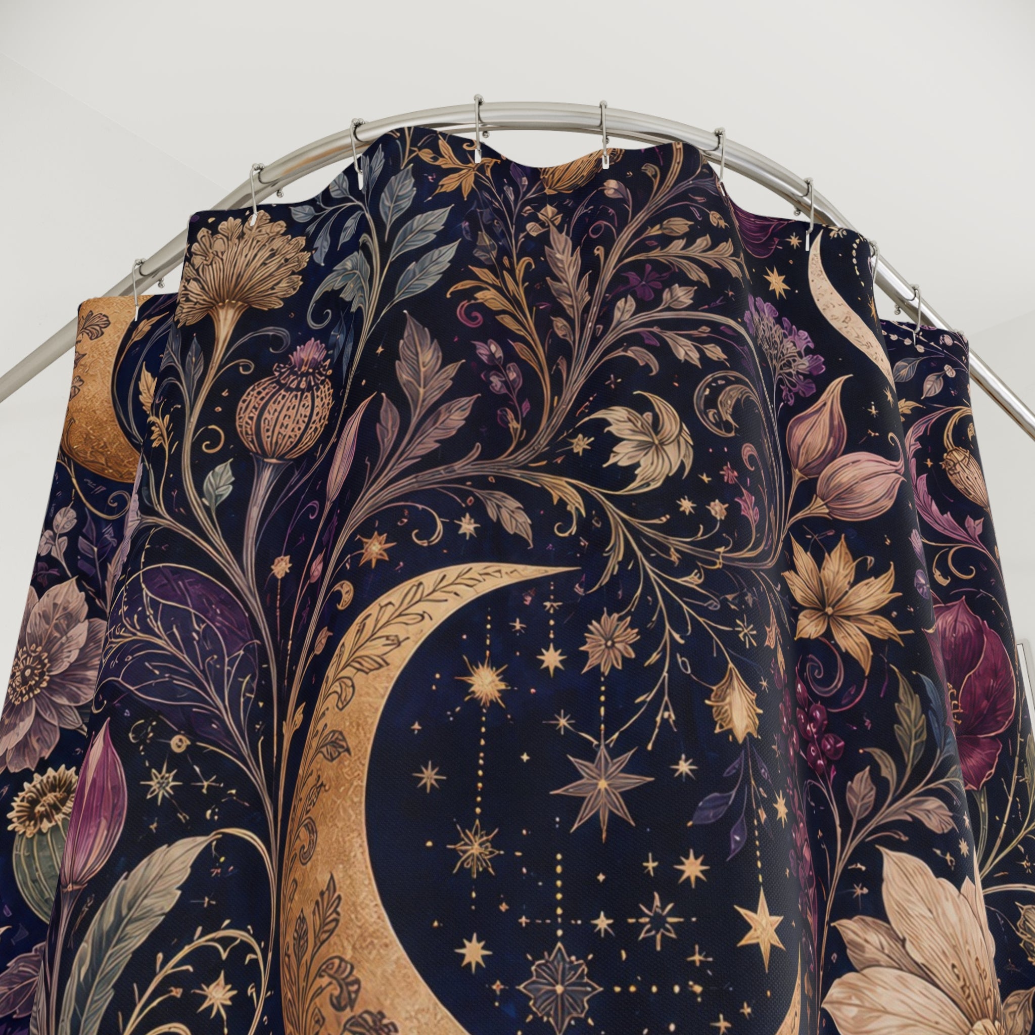 Unique Celestial Shower Curtain, Moon Floral Botanical Pattern, Purple Navy Star Decor, Moody Magical Guest Bath, Dark Floral Decor