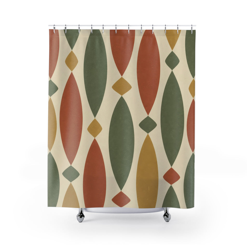 Sage and terracotta spindles with ochre diamonds on cream shower curtain with full front view