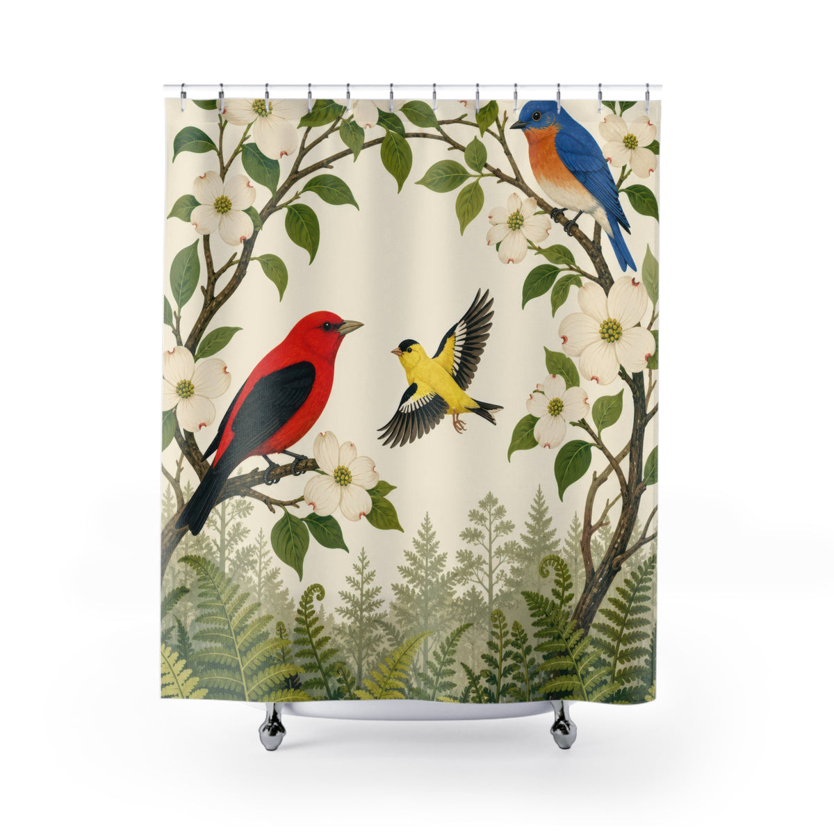 Tanager bluebird and goldfinch beneath dogwood blooms shower curtain with full front view