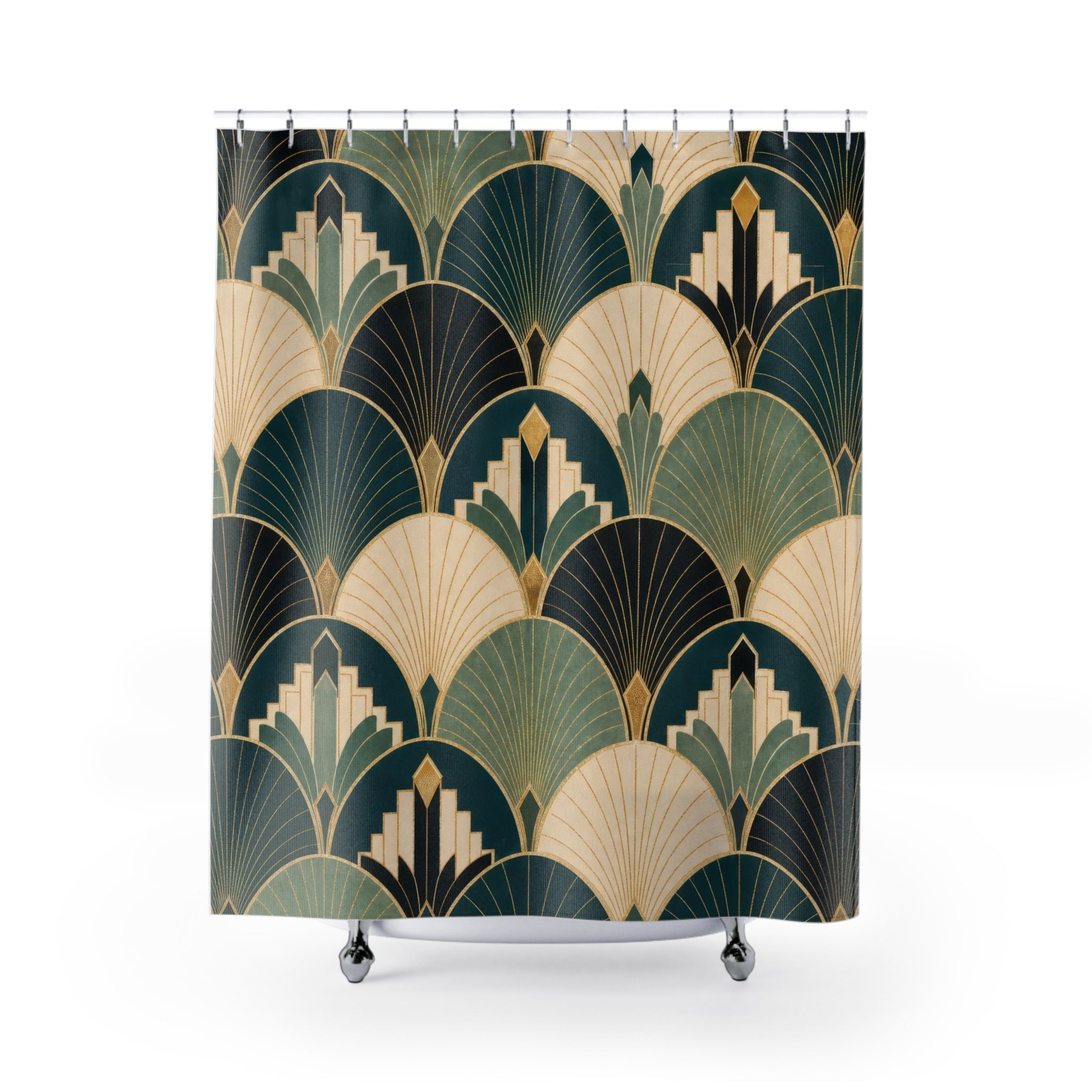 Art Deco Shower Curtain, Teal Gold Fan Geometric Pattern, Glam Green Bathroom Decor, Elegant Teal Glam Wall Decor Guest Bath Wall Gift