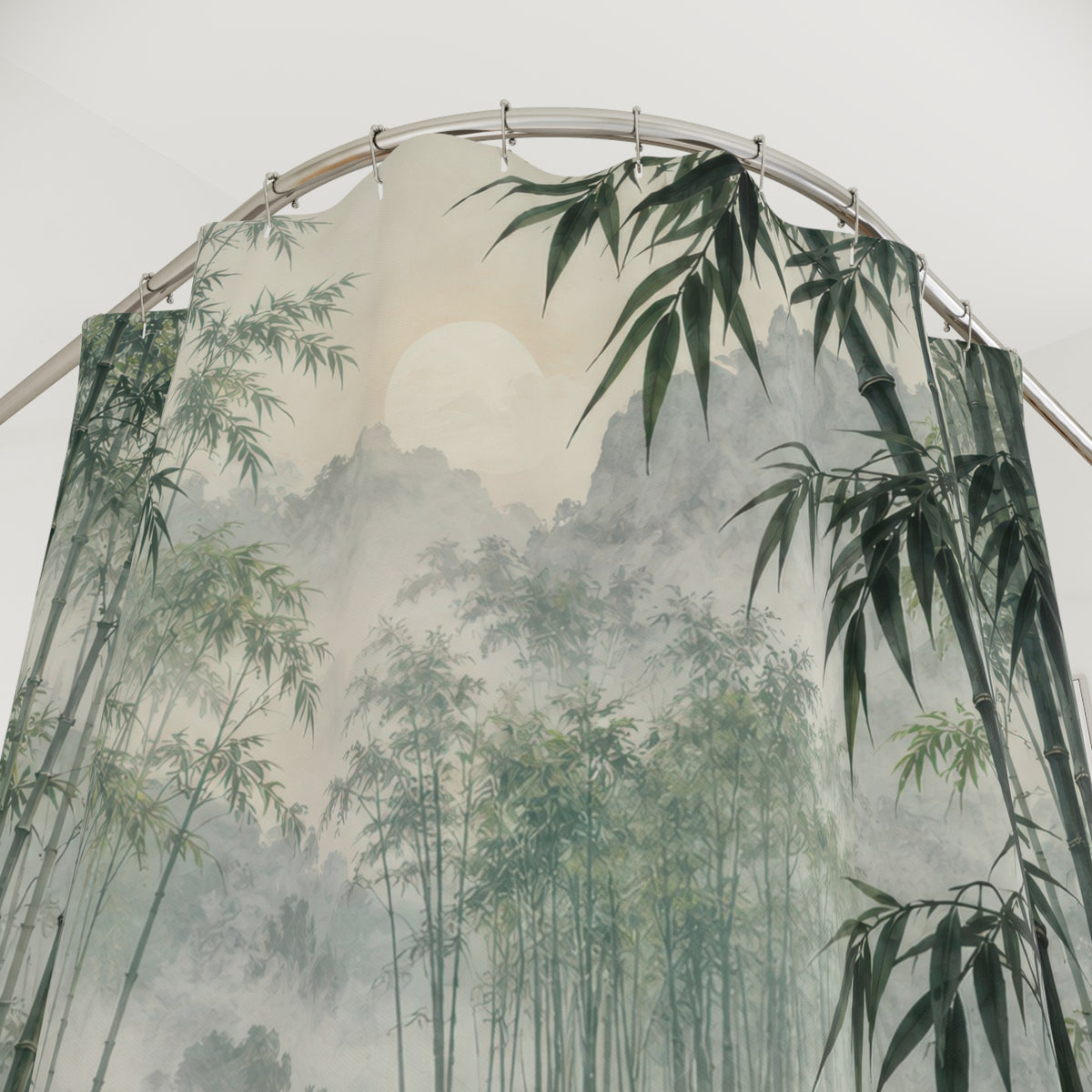Green bamboo beside still water and pale mist shower curtain with close-up print, hooks, and folds