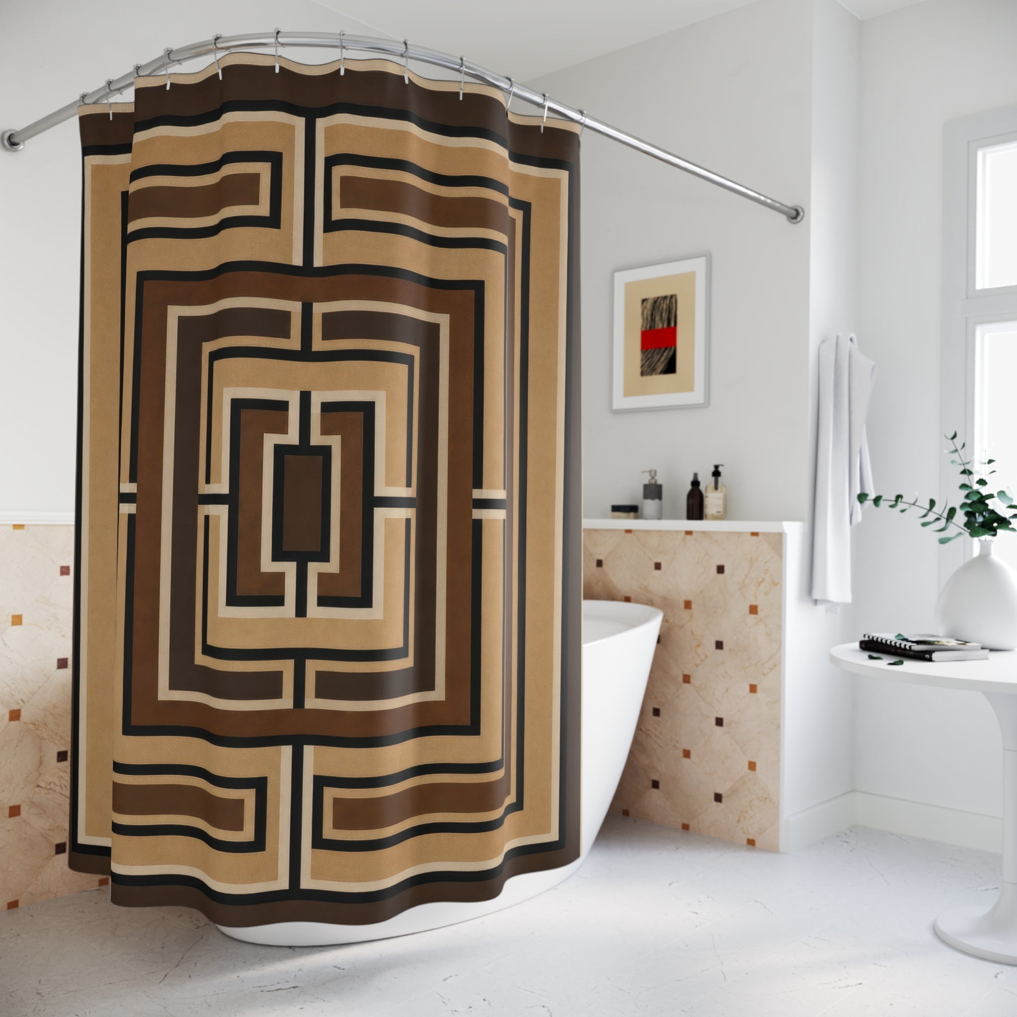 Geometric Shower Curtain, Black Brown Art Deco Bath Decor, Cream Maze Medallion Pattern, Modern Neutral Guest Bathroom Decor Style