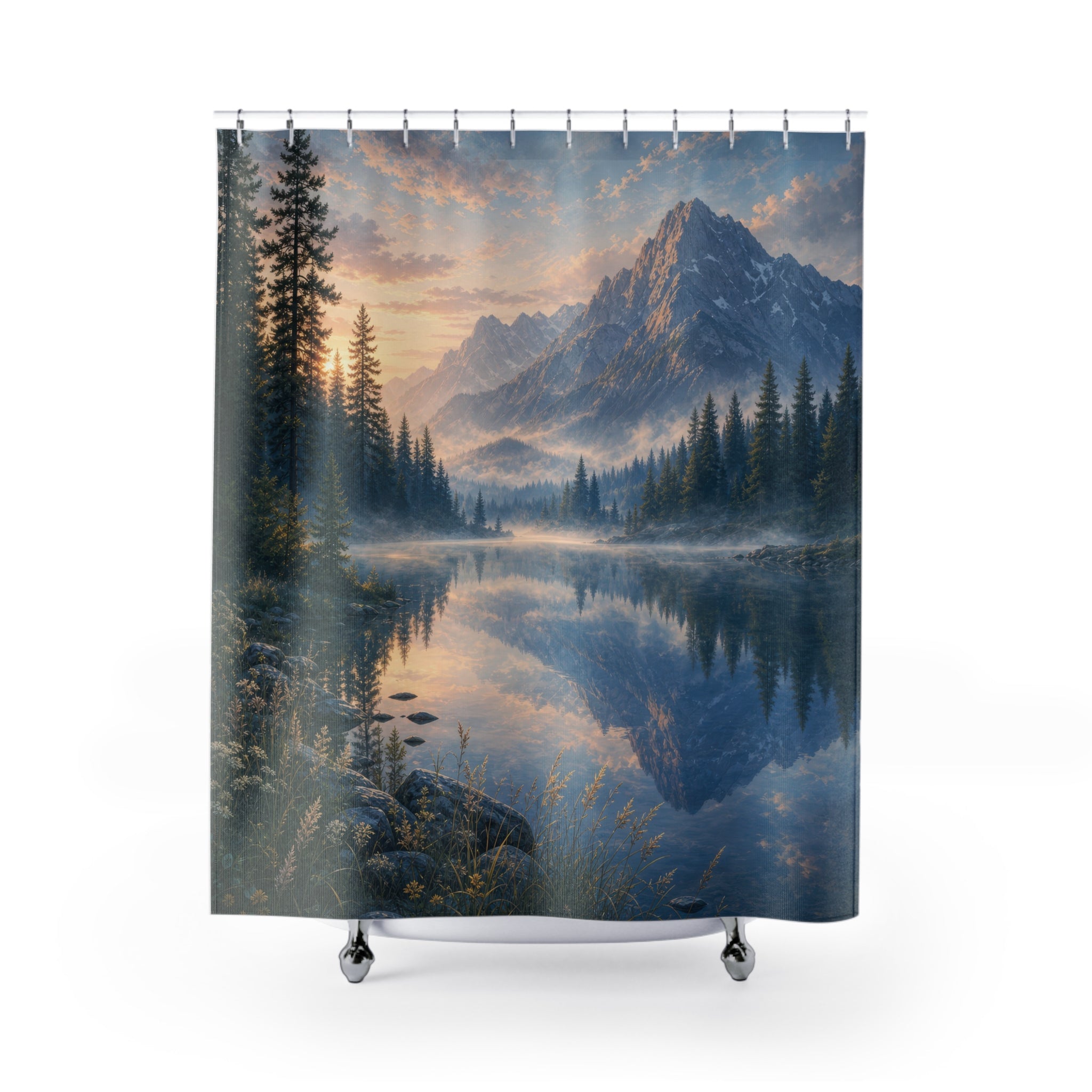 Misty Mountain Lake Dawn Shower Curtain