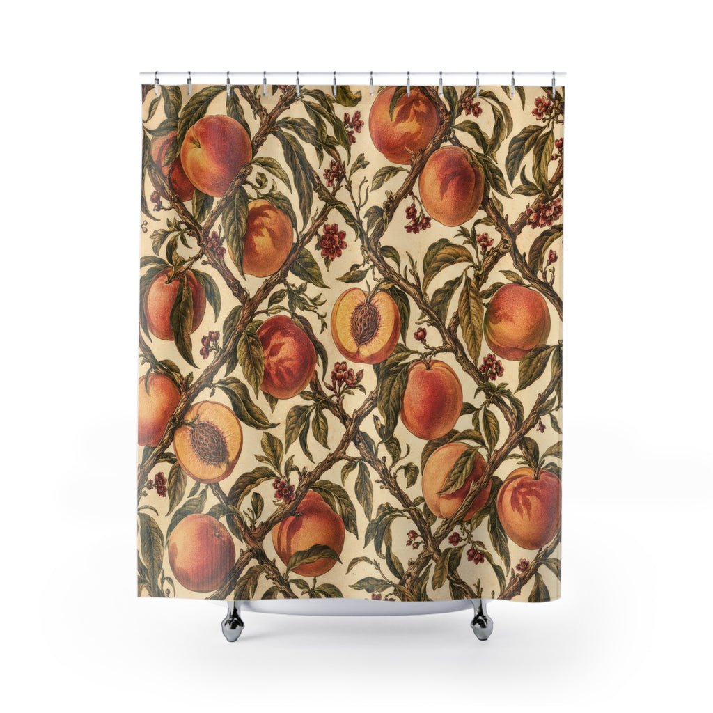 Peaches and olive leaves in a cream botanical trellis shower curtain with full front view