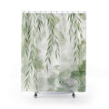 Green White Willow Branch botanical shower curtain with full front view