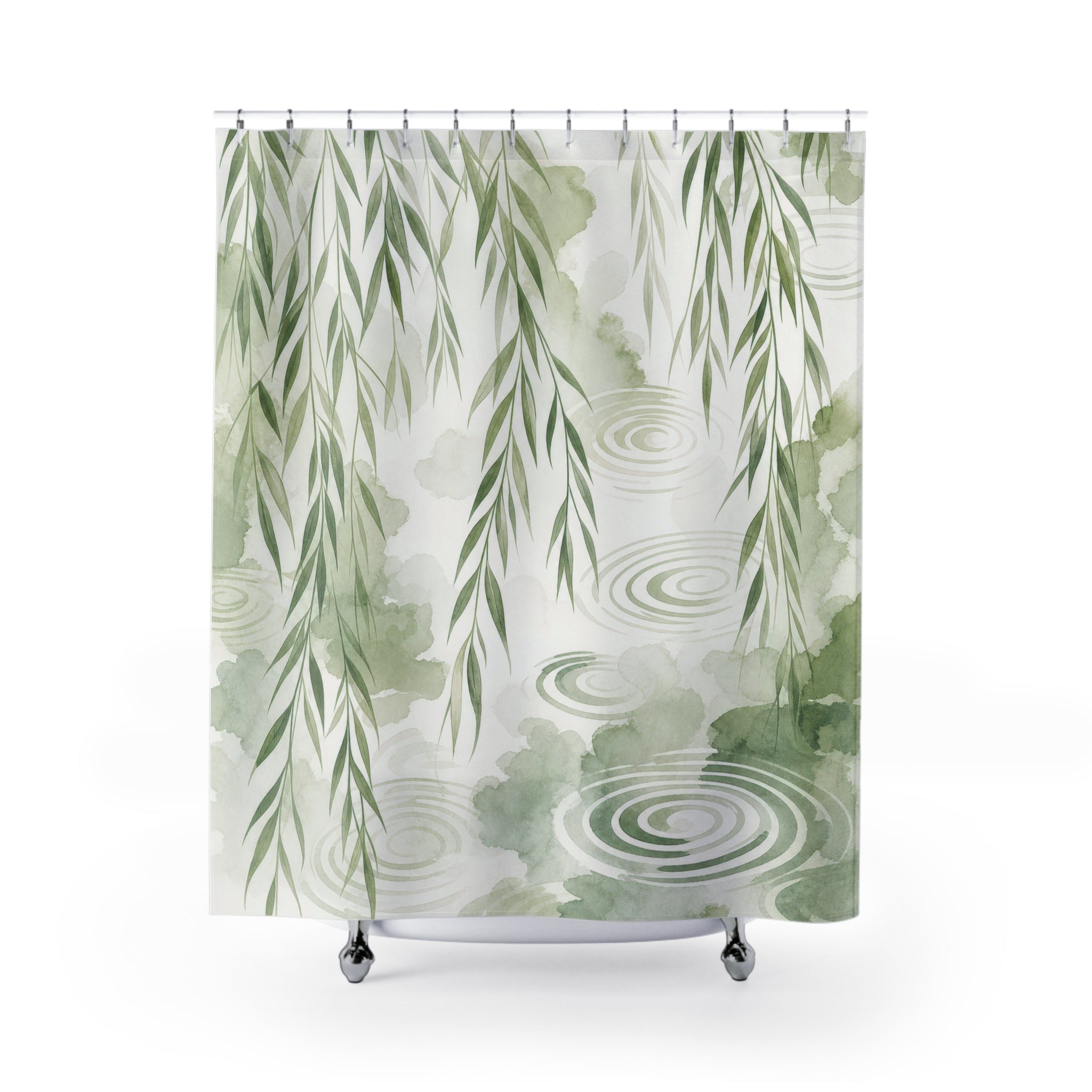 Green White Willow Branch Shower Curtain