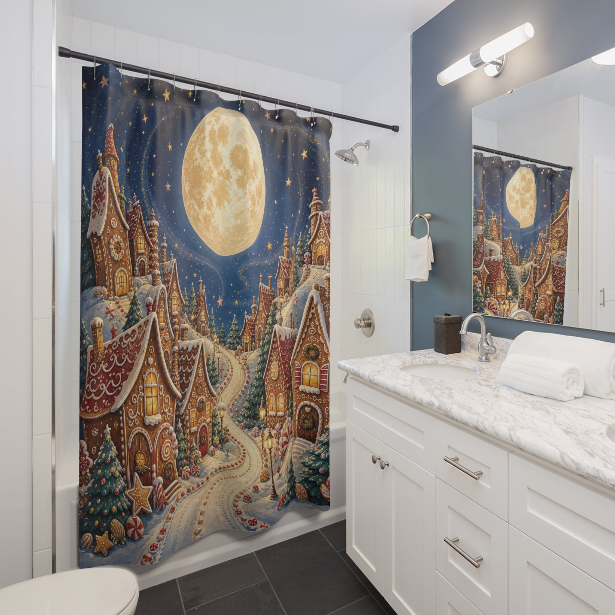 Moonlit gingerbread village with candy cane road shower curtain beside a white vanity
