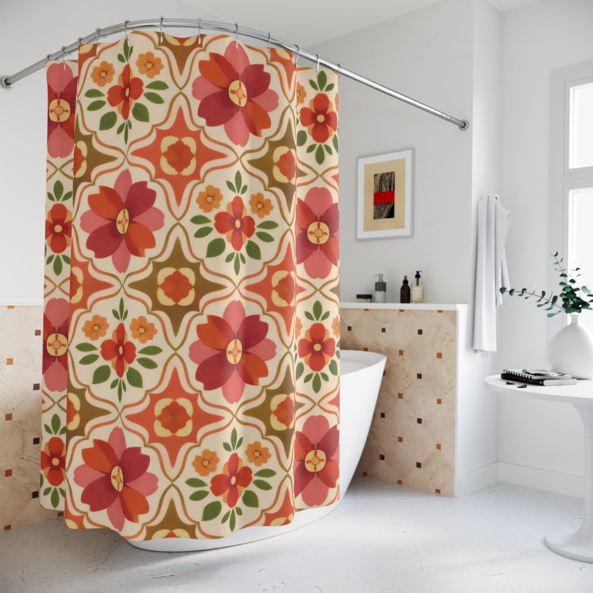 Retro Floral Tile Shower Curtain – Berry Pink & Coral